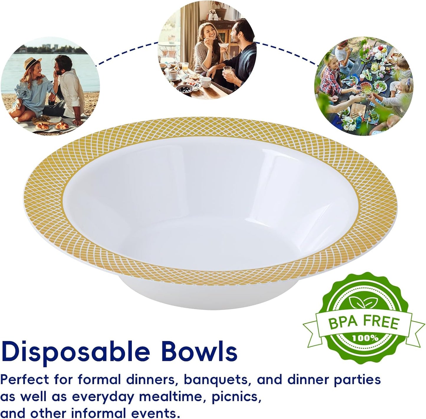 JOLLY CHEF 100 Disposable Plastic Bowls, 12oz Heavy Duty Disposable Dinner Bowls, Dessert Bowls with Gold Rim for Parties, Dinners, Catering, Thanksgiving and Everyday Use