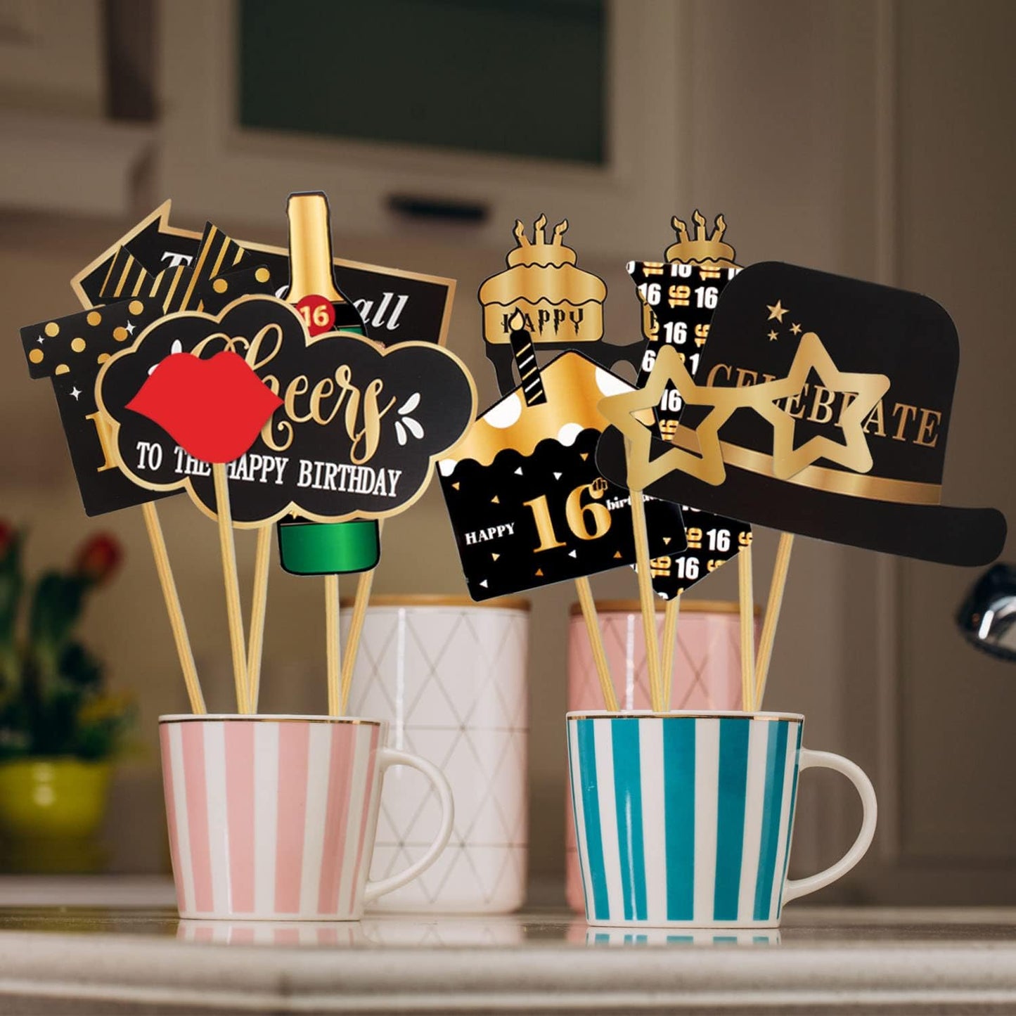 LINGTEER Happy 16th Birthday Party Photo Booth Props,Cheers to 16th Birthday Sixteen Years Old Bday Party Centerpieces Props Decorations Sign.