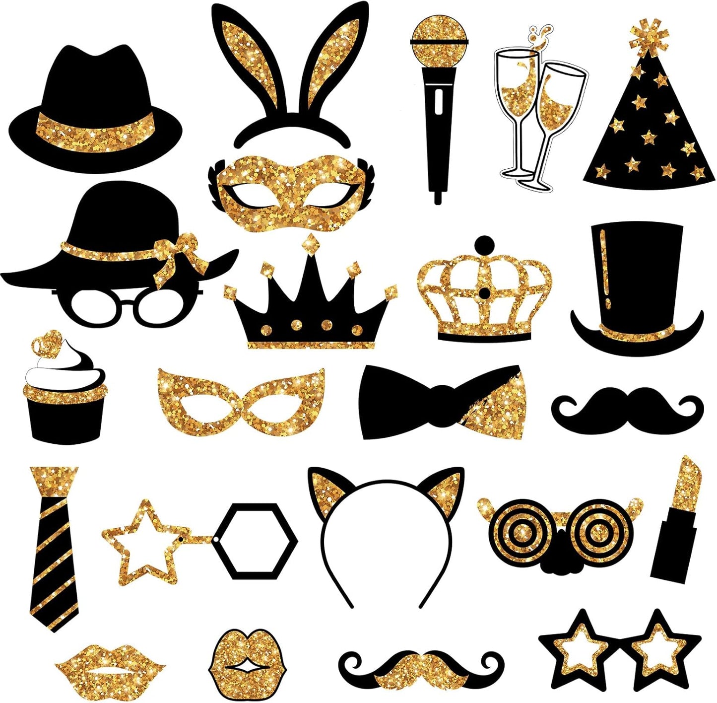 Zonon 24 Pieces Funny Photo Booth Props:Halloween,Christmas,Family Reunion, Class Reunion, Birthday, Weddings, Prom Disco Mardi Gras Party Supplies - Mix of Hats, Lipstick, Tie(Golden)