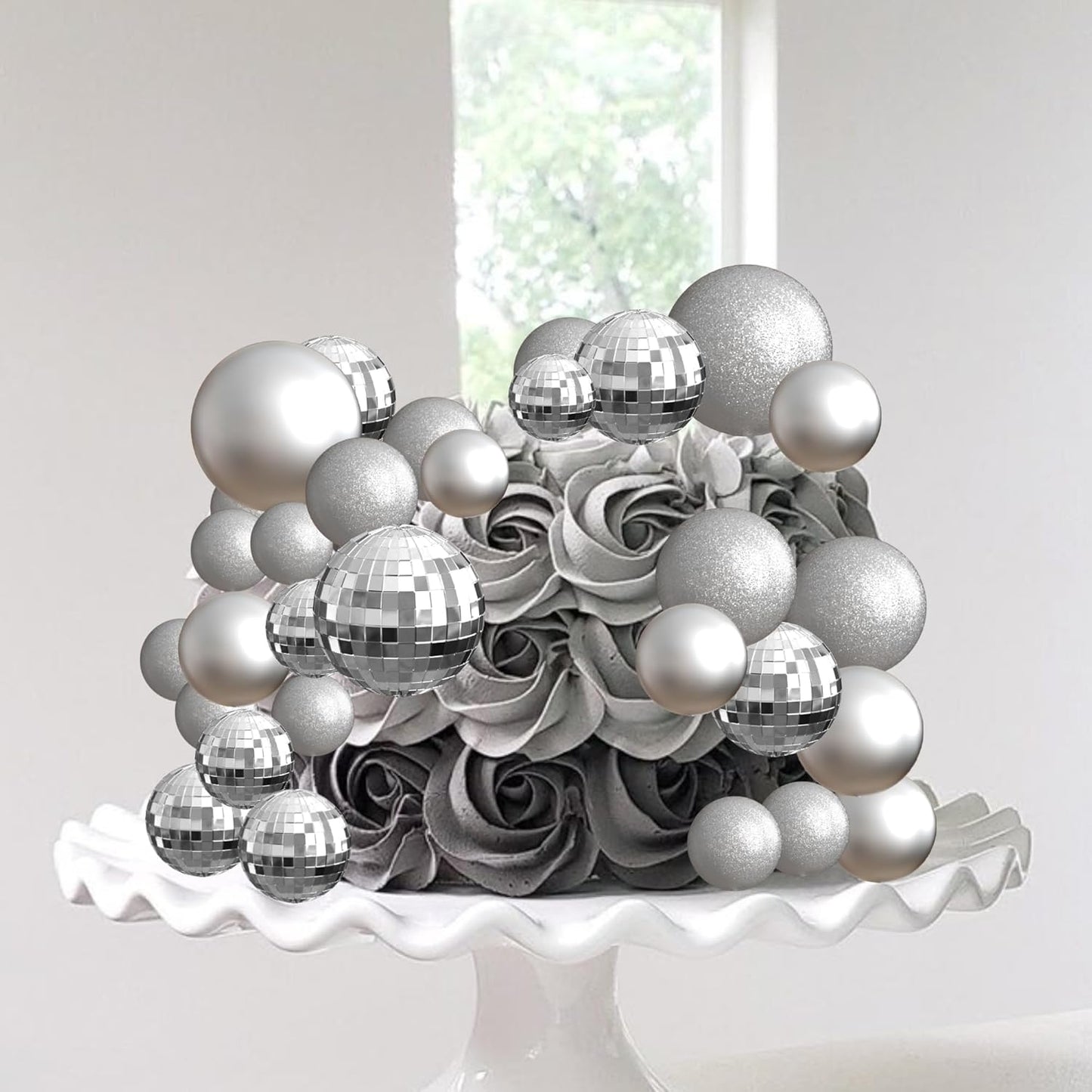 36 Pack Balls Cake Topper Decorations Foam Balloons Cake Decorations Sticks Mini Balloons Cake Toppers Balls Cake Picks for Baby Shower Wedding Anniversary Birthday Party Decorations Light Silver