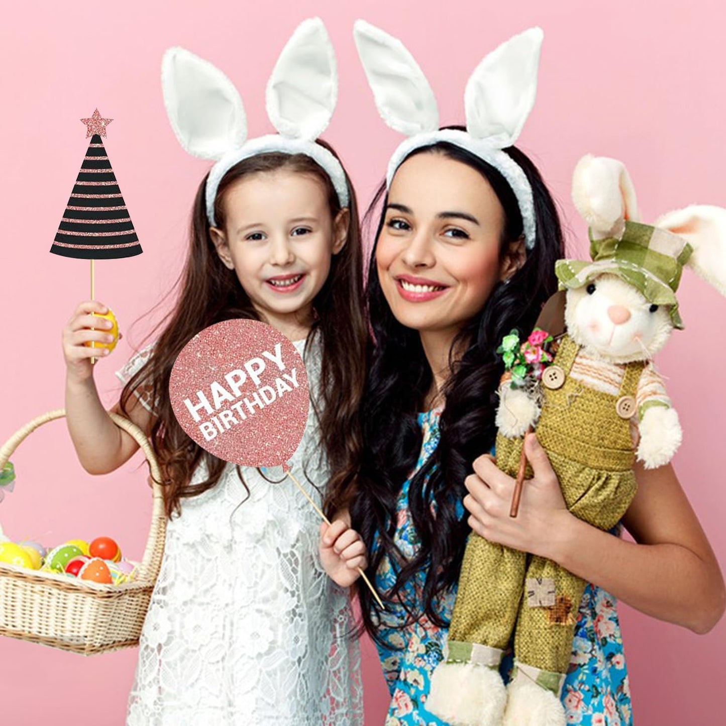 Party Birthday Photo Booth Props, 30Pcs Set of Happy Birthday Selfie Party Supplies with Real Glitter Cute Bday Designs for Women or Girls,Easy to Assemble(Rose Gold)