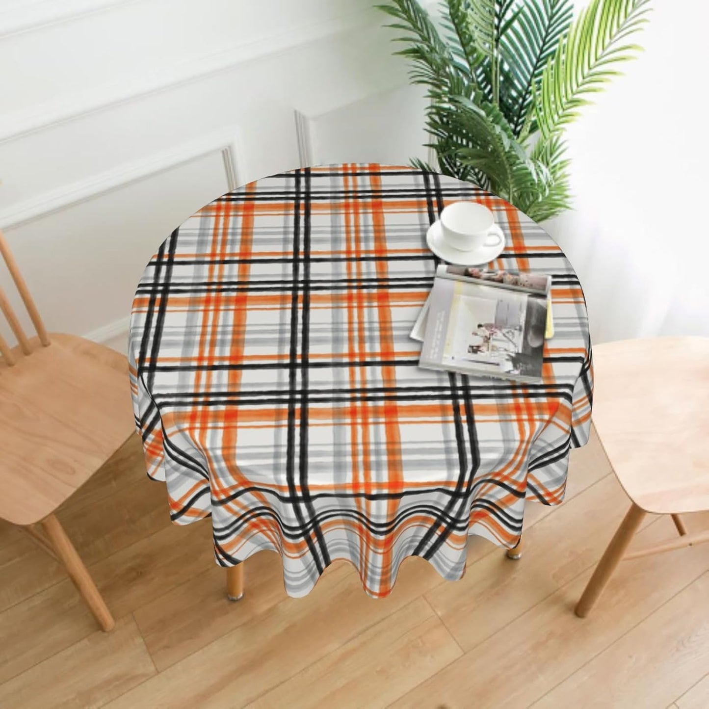 Giwawa 60inch Halloween Checkered Round Tablecloth Orange Black Grey Buffalo Plaids Circle Table Cover Stain Heat Resistant Washable Table Cloth for Kitchen Dining Picnic Party Holiday Decor