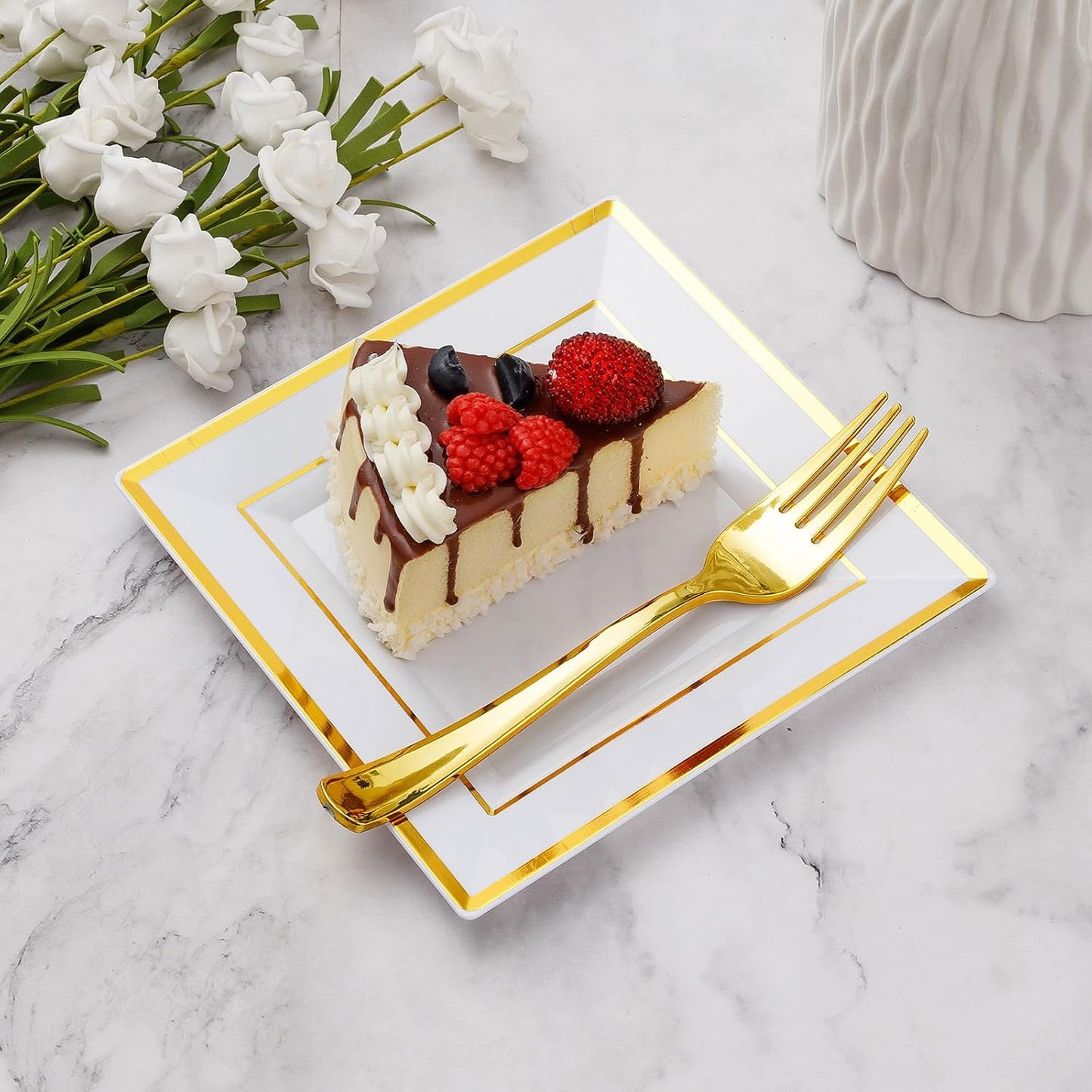 Goodluck 120PCS 6.5" Square Gold Dessert Plastic Plates with 7.4" Forks, Gold Appetizer Plates for 60 Guests, Including 60 Disposable Cake Plastic Plates and 60 Forks for Wedding/Birthday Party