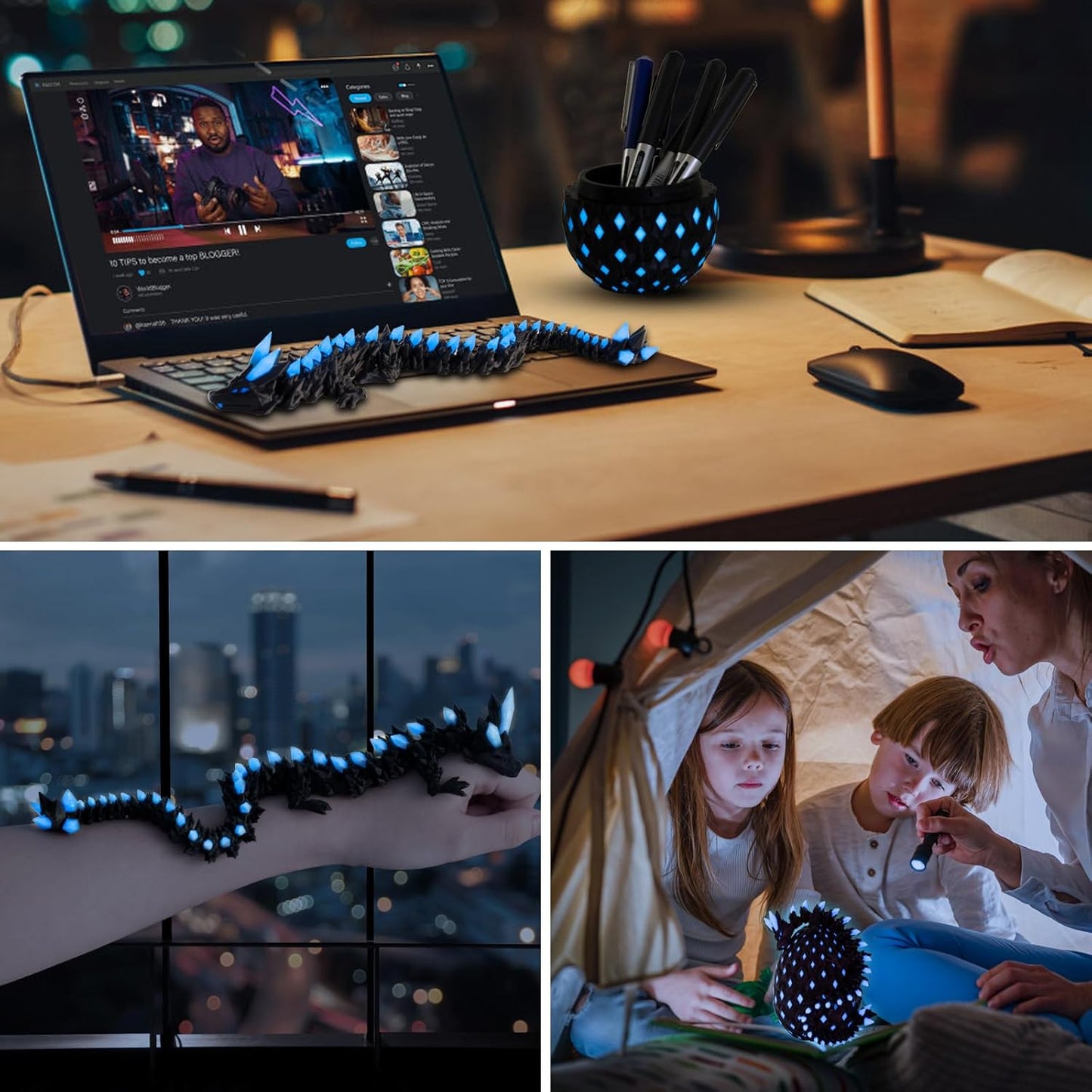 11.81" 3D Printed Glow in The Dark Dragon with Egg & USB UV Flashlight, Crystal Articulated Dragon Fidget Toy for Kids, Dragon Egg Gift for Boys Girls Ages 4+, Birthday Halloween