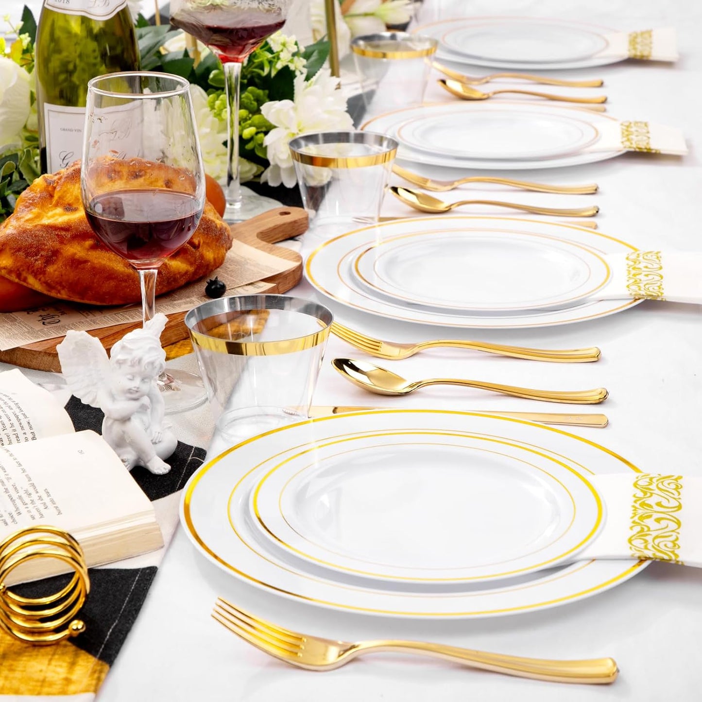 bUCLA 350PCS White and Gold Plastic Plates - Gold Disposable Dinnerware for Include 50 Dinner/Dessert Plates, 50 Forks, 50 Knives, 50 Spoons, 50 Cups & 50 Napkins for Party & Thanksgiving
