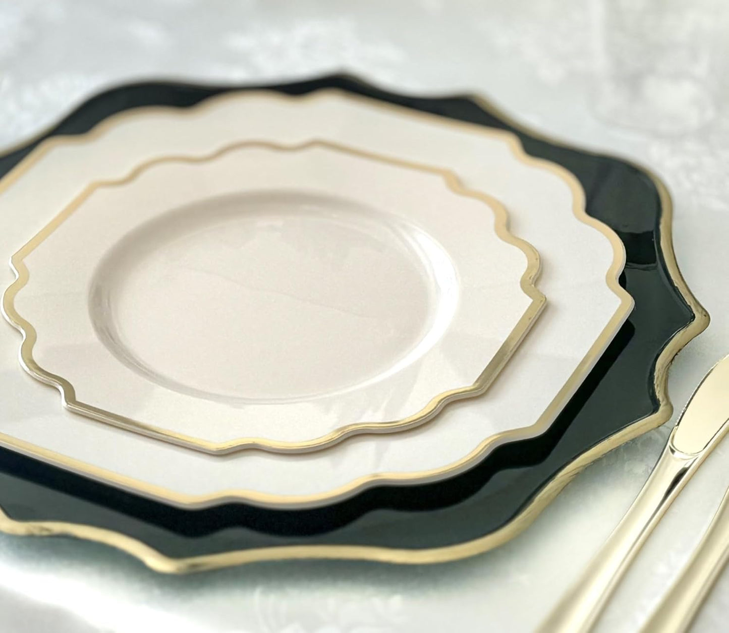 " OCCASIONS " 50 Plates Pack (25 Guests)-Heavyweight Wedding Party Disposable Plastic Plate Set -(25x10.5'' Dinner + 25x8'' Salad/Dessert) (Imperial Ivory & Gold)