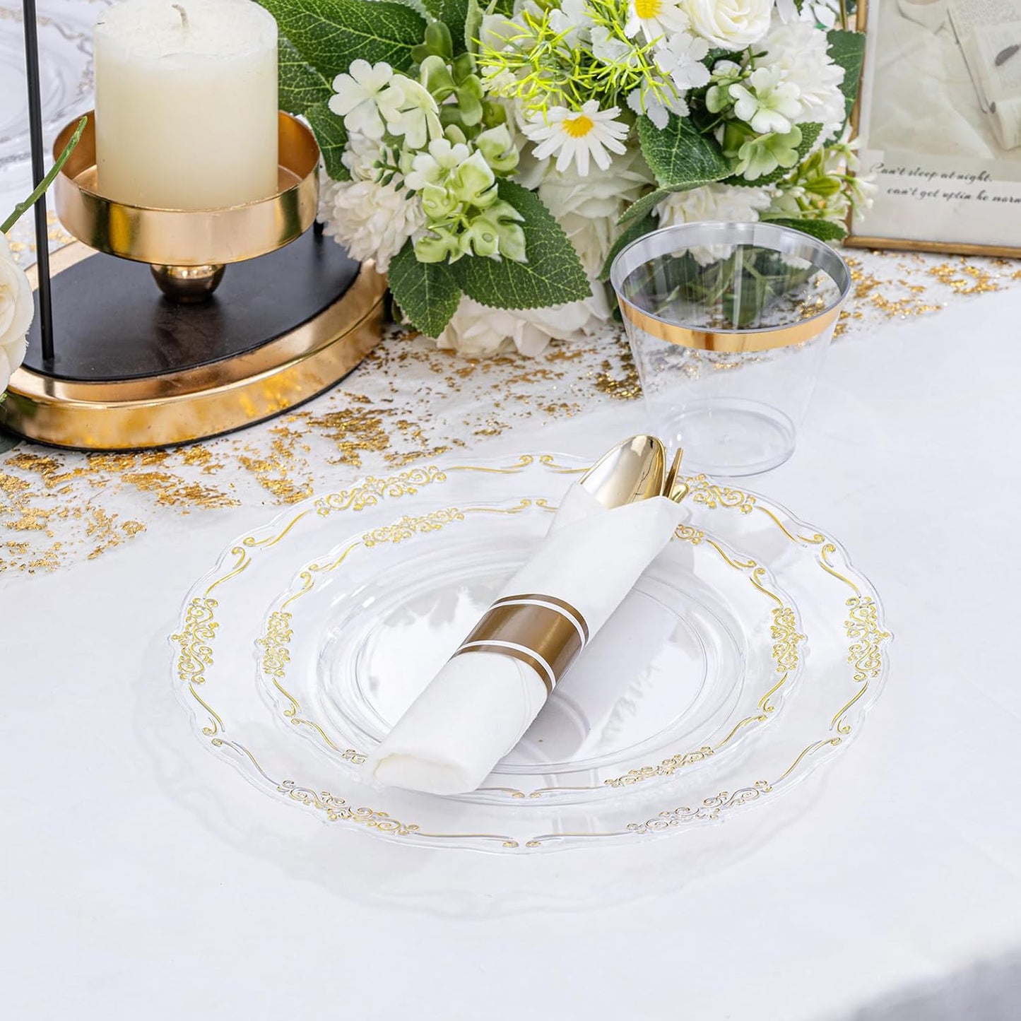 U-QE 175 Pieces Gold Plastic Plates and Napkins Party Supplies - Clear and Gold Dinnerware Set 25 Guest - 25 Dinner Plates, 25 Dessert Plates, 25 Per Rolled Napkins with Cutlery, 25 Cups 9 OZ