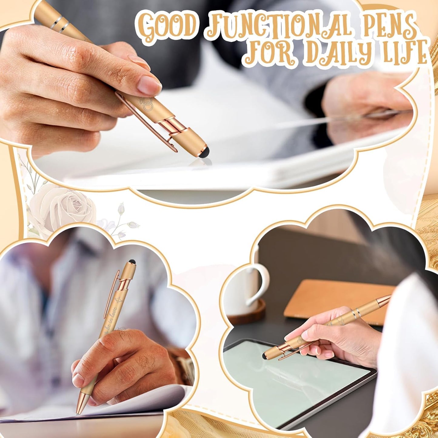 Kisston 36 Pcs Wedding Pens Bulk Bridal Shower Pens Favors Bachelorette 6 Styles Retractable Ballpoint Wedding Favors Supplies for Guest Game Office(Champagne)