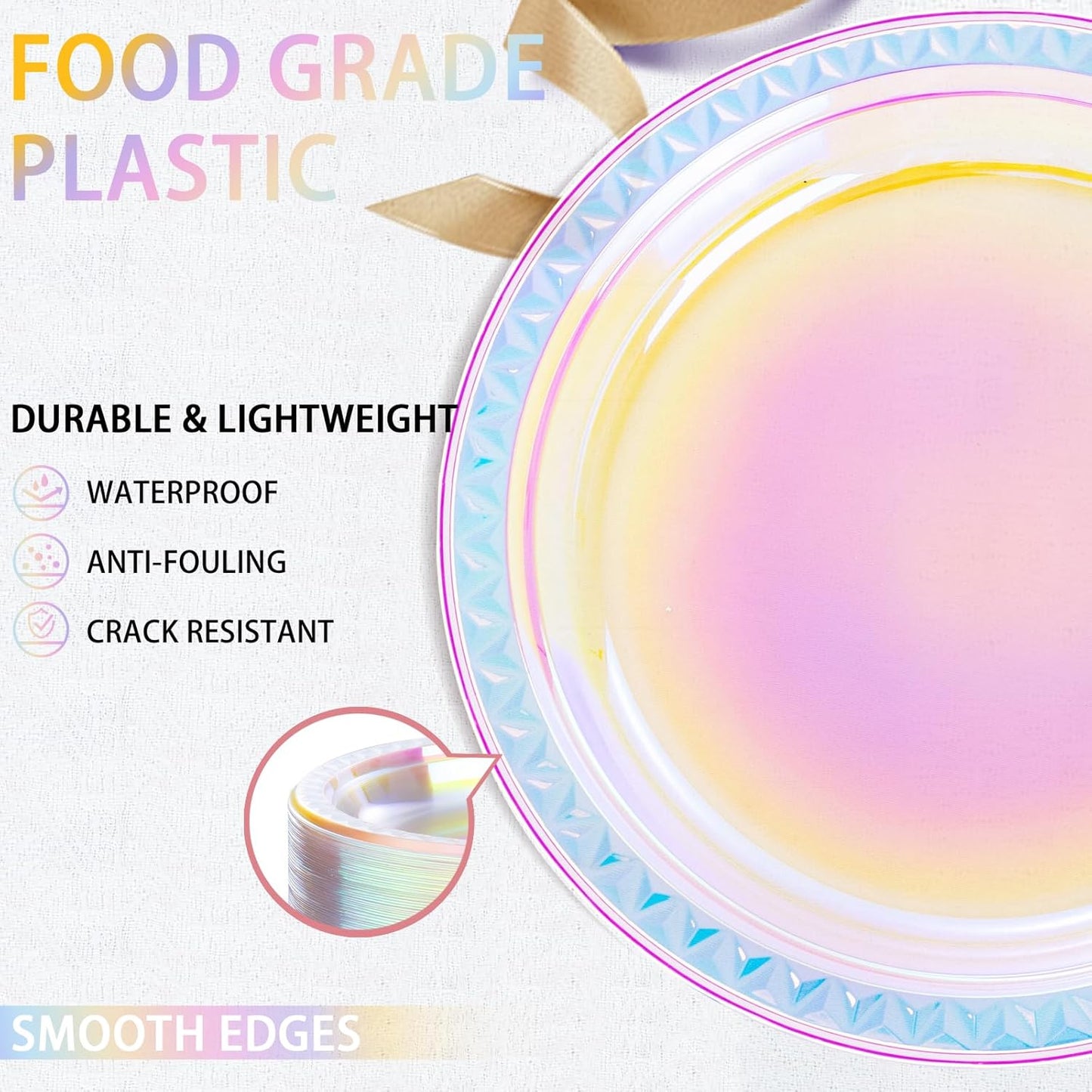 WELLIFE Iridescent Plastic Plates 7 Inch, 150 Count Disposable Plastic Dessert Party Plates for Easter Valentine's Day Disco Party Decor Wedding Birthday Baby Bridal Shower