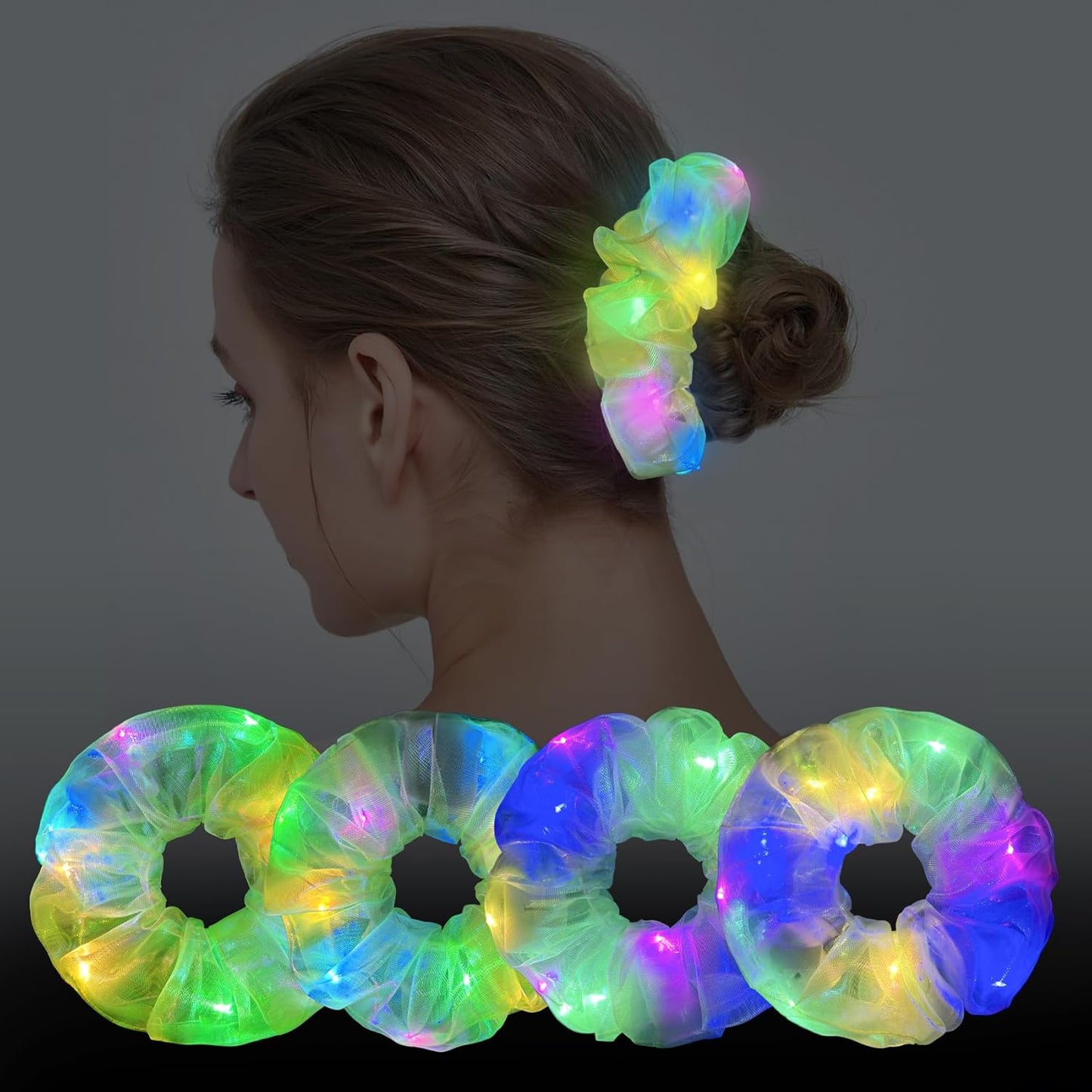 4Pcs Light Up Scrunchies Christmas Hair Tie, St Patricks Day Green LED Scrunchy Hair Elastic for Women & Girls, Glow in the Dark Party Supplies Party Favor Festival Rave Accessories