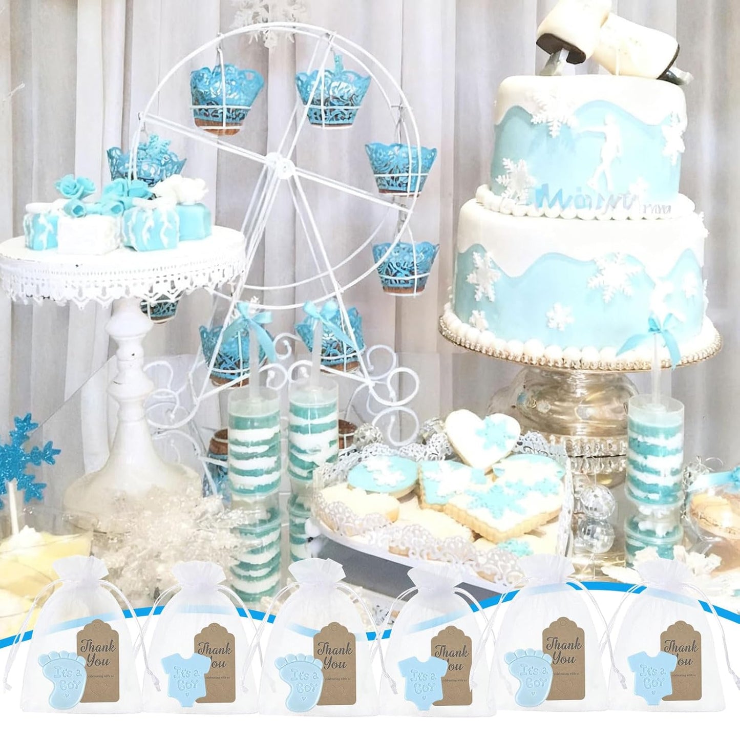 50 Sets Baby Shower Soap Favors Baby Feet&Shirt Handmade Soaps with Thank You Tags and Organza Bags for Guests Gift Shower Party Favors(Blue)