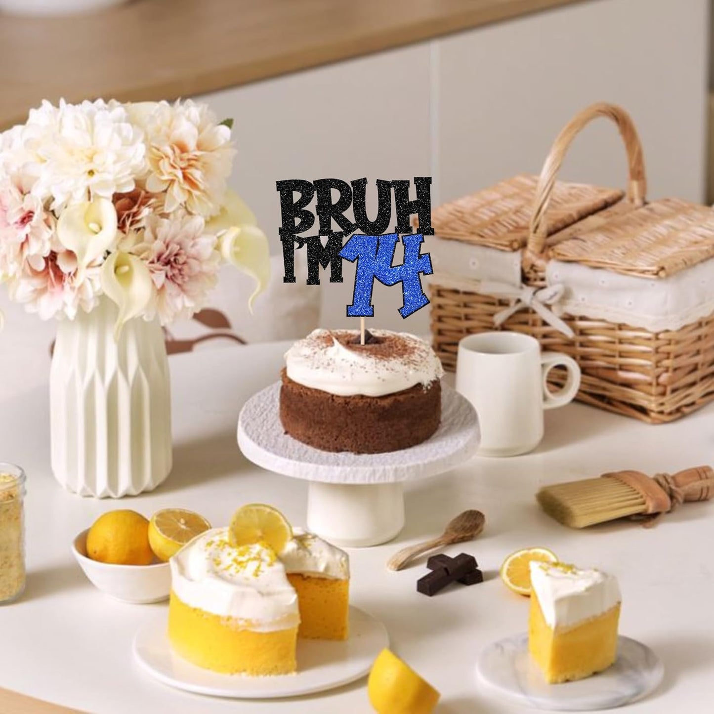 1 PCS Bruh I'm 14 Cake Topper Glitter Happy 14th Birthday Cake Pick Bro I'm 14 Cake Decoration It's My 14th Birthday Decorations for Cheers to 14 Years Old Birthday Anniversary Party Supplies Blue