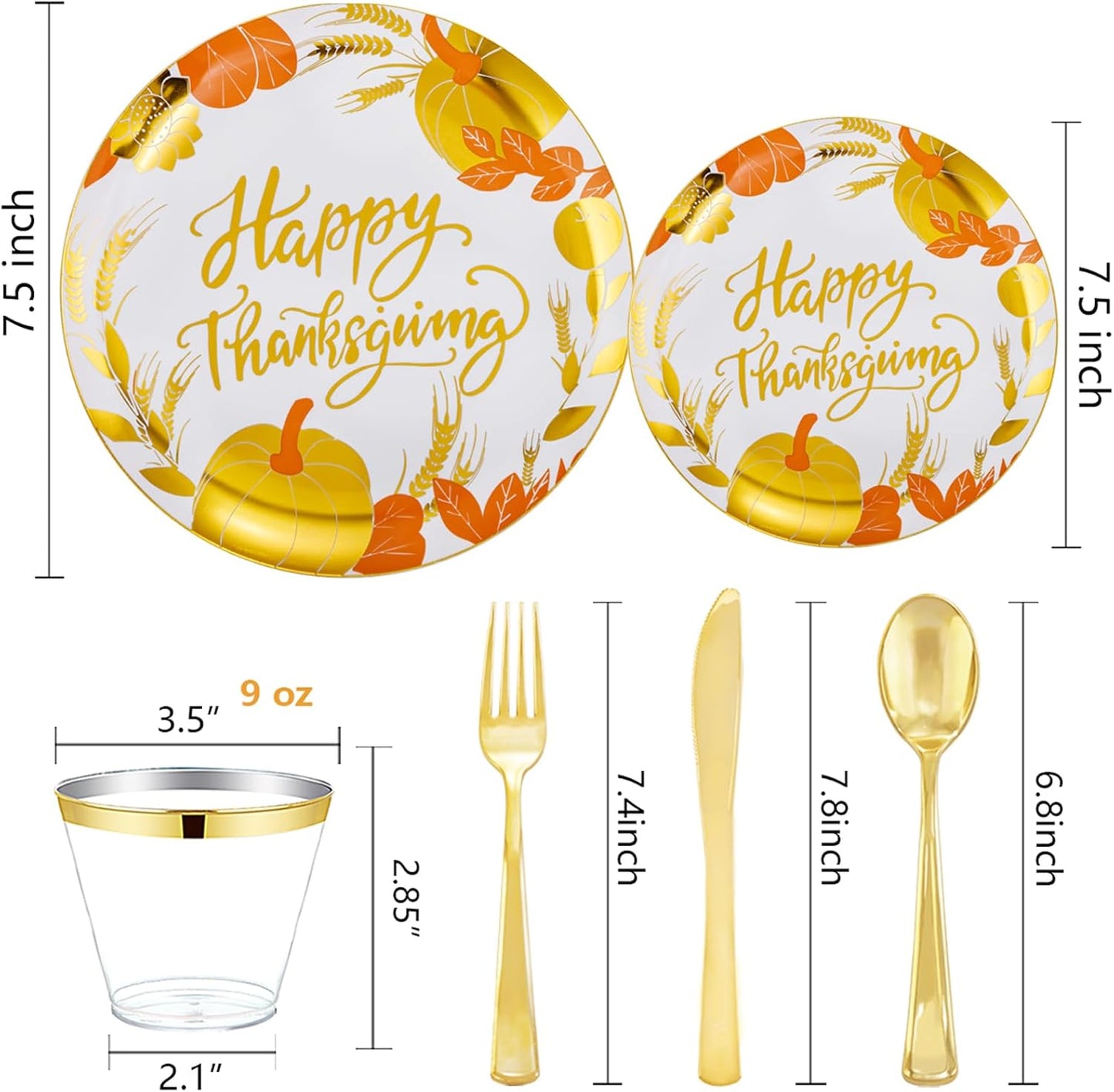 KIRE 150PCS Thanksgiving Plates Dinnerware Pumpkins - Plastic Thanksgiving Plates with Gold Silverware Include 25 for Dinner 25 for Salad 25Forks 25Knives 25Spoons 25Gold Cups