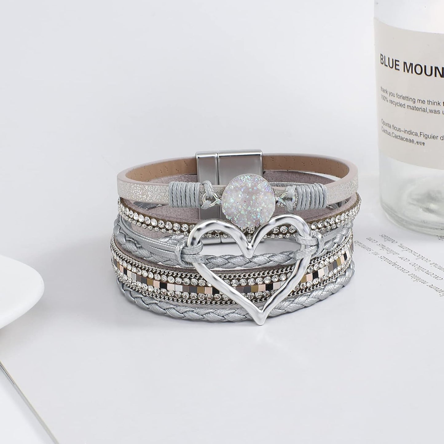 Leather Wrap Bracelet for Women Beaded Cuff Bracelet with Heart-shape Decor Bohemian Crystal Bracelet Jewelry with Clasp Bangle Bracelet for Women Girls Birthday Holiday Gift