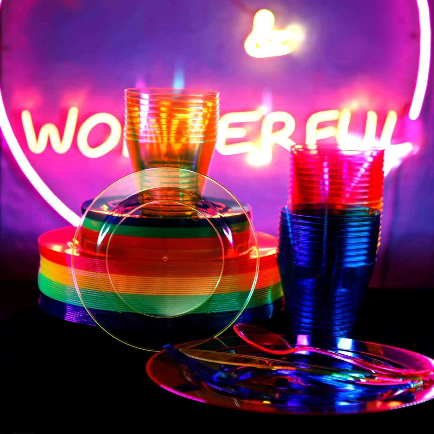 Supernal 216pcs Rainbow Plastic Plates for Party Supplies-Hard Disposable Plates Heavy Duty,Colorful Cups,Plastic Silveware in Neon Pink,Blue,Green,Yellow, Pefect for Birthdays,Party