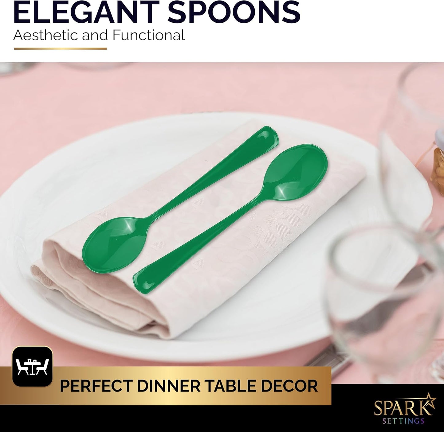 Green Disposable Plastic Spoons - Heavy Duty Silverware, Ideal for Hot & Cold Food, Perfect for Home, Office, School, Parties & Weddings - 50 Pack