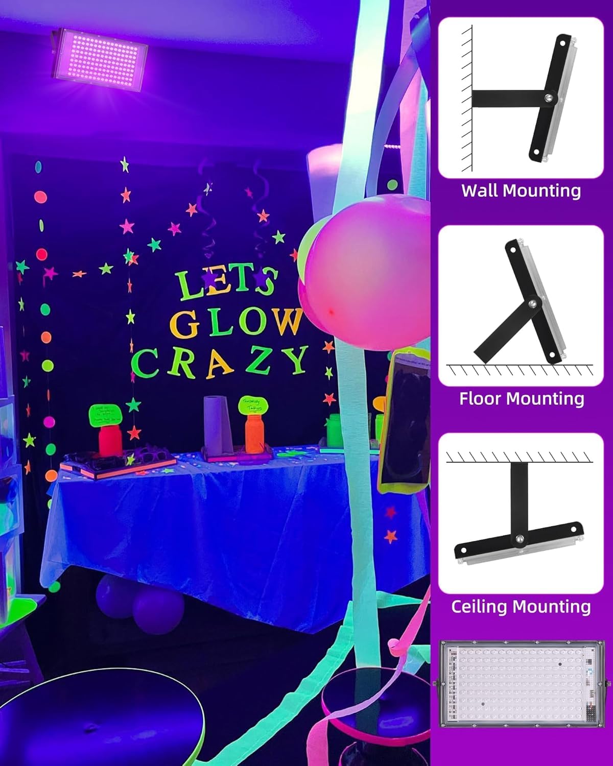 150W LED Black Lights IP66 Waterproof Black Light Outdoor with 10ft Plug+Switch, Flood Blacklight for Halloween Glow in The Dark Party Stage Light Neon Glow Birthday 2 Pack