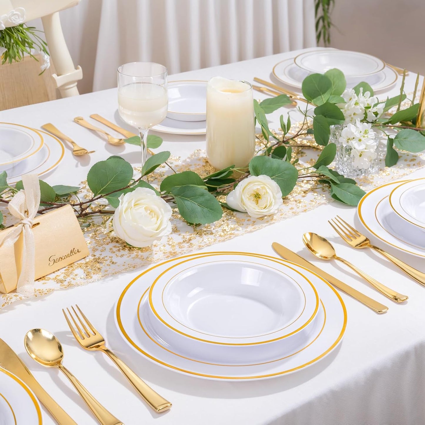 bUCLA 60 Pack Plastic Bowls with Gold Rim - 12 oz Plastic Soup Bowls Disposable for Wedding, Party, Gathering & Thanksgiving