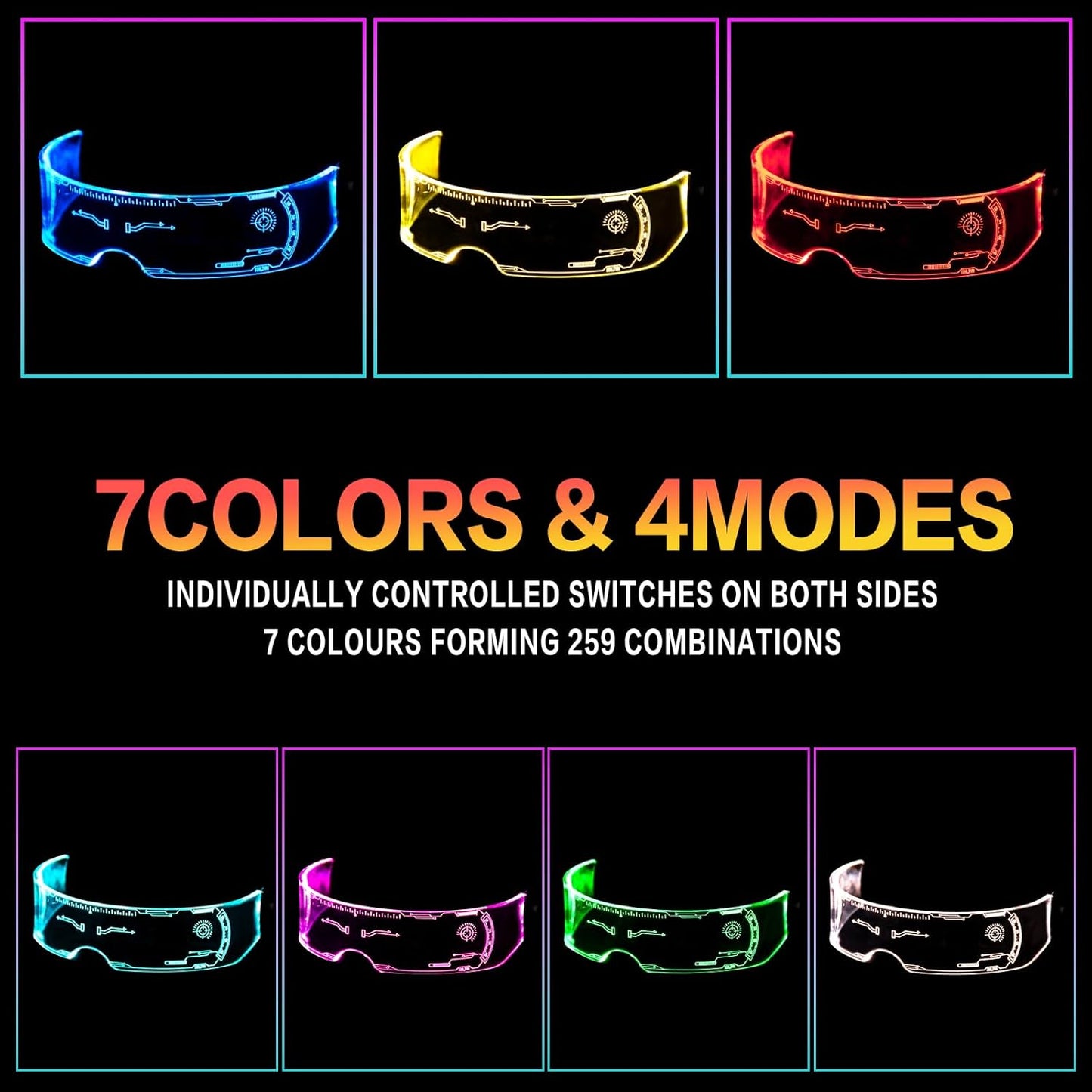 GLITCHCORE light up glasses 7 Colors and 4 Modes Led Visor Cyberpunk glow in the dark glasses Cosplay Party Bar