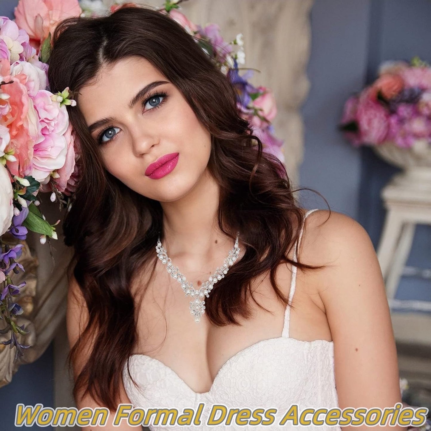 la luen Pearl Bride Wedding Jewelry Set Faux Pearls Crystal Rhinestone Necklace Earrings Bracelet Sets for Women Bridesmaid(3 PCS)