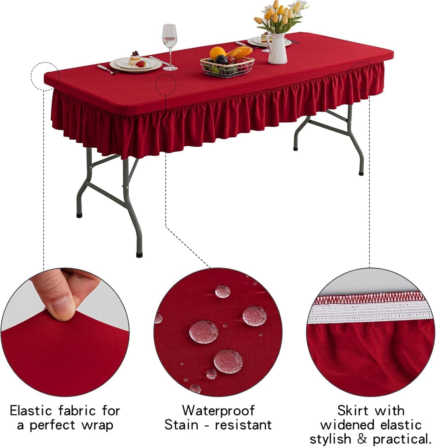 8ft Red Stretch Tablecloth for Rectangular Tables - Flared Wrap Design, Waterproof, Wrinkle-Resistant, Washable - Ideal for Weddings, Parties, Banquets & Table Protection