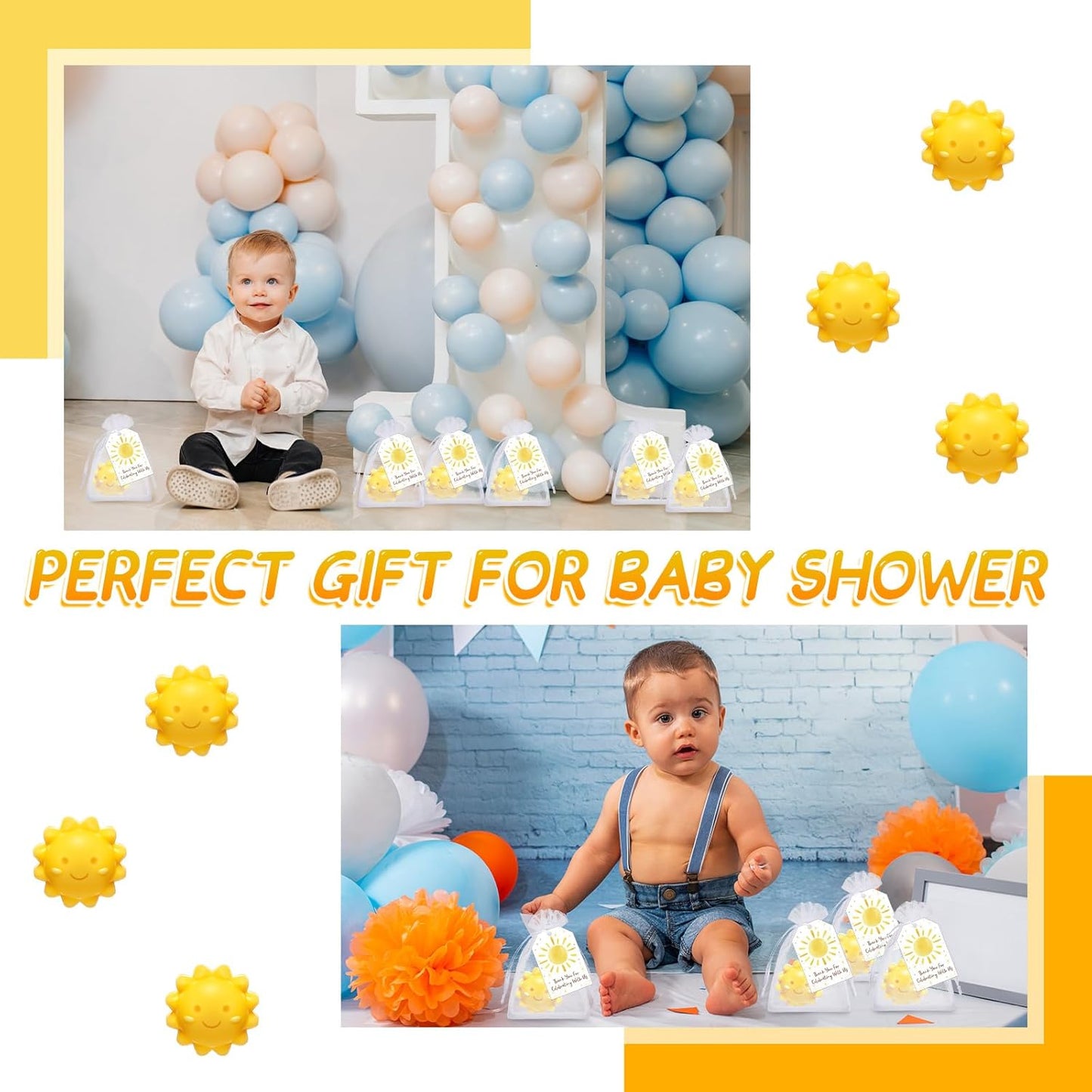 Leelosp 60 Sets Sun Soaps Baby Shower Favors Here Comes the Sun Baby Shower Gifts Mini Handmade Soaps with Thank You Card and Organza Bags for Guest Gender Reveal Sunshine Party Decor (Yellow,Cute)