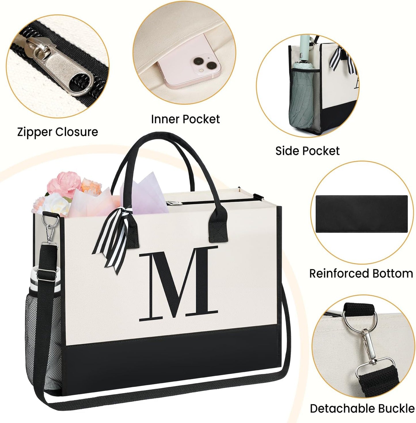 BAGAIL Initial Tote Bag, Personalized Birthday Gifts for Women, Teacher, Friends, Mom, Wedding, Monogrammed Beach Bag