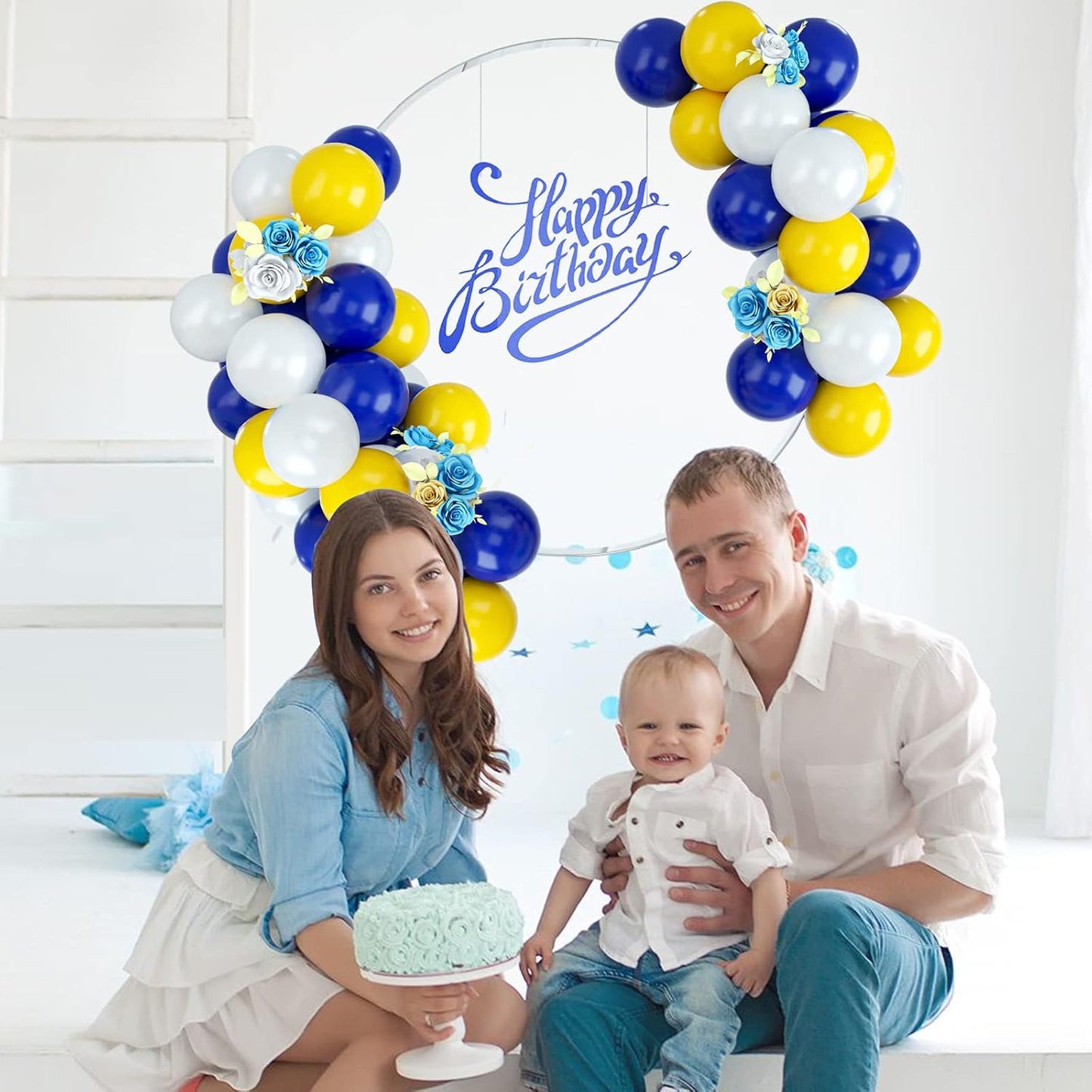 Blue Yellow White Balloon Arch Kit, 50PCS Latex Party Balloons for Birthday, Wedding, Baby Shower, Engagement DIY Hula Hoop Arch Decoration Party Supplies