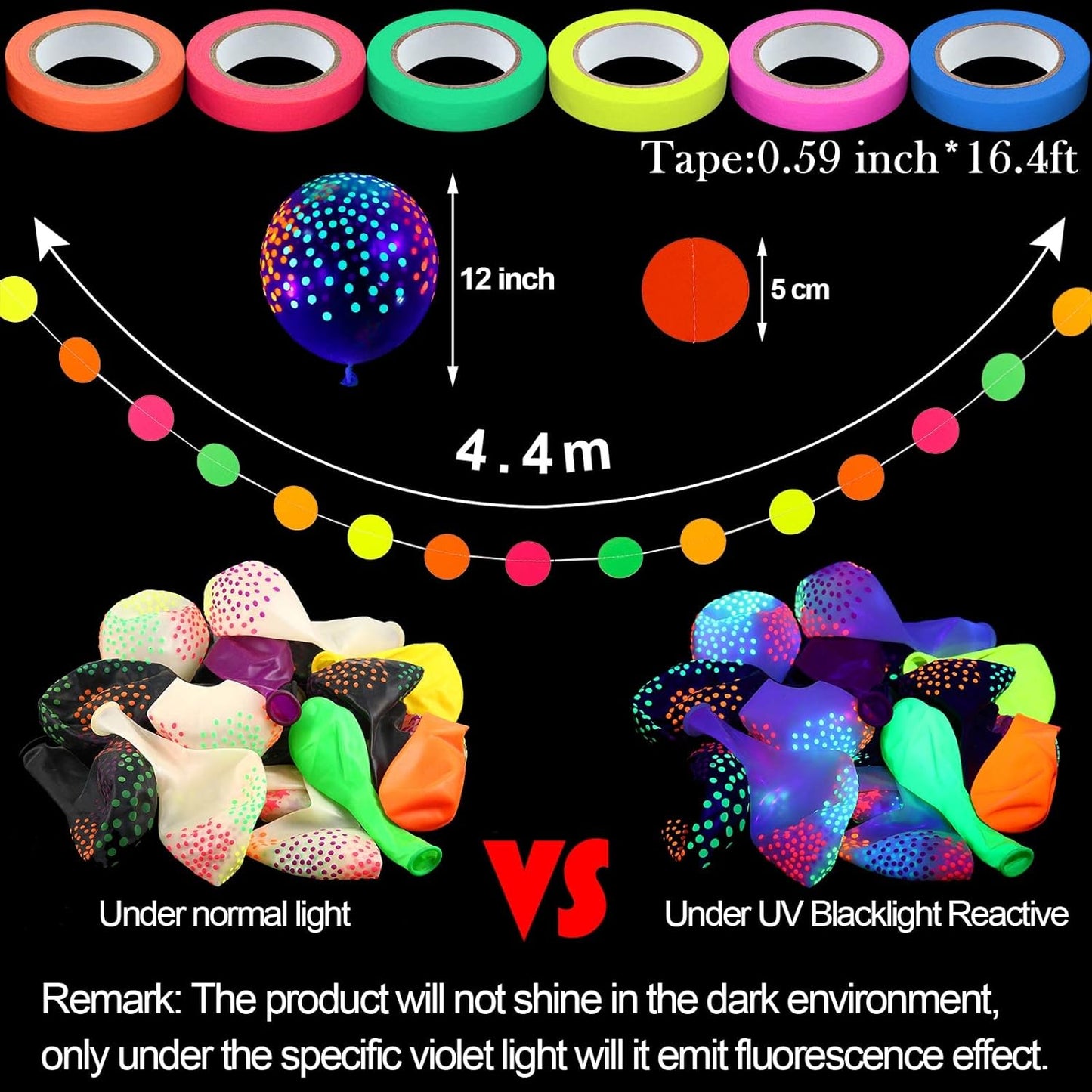 32 Pcs Glow in The Dark Party Supplies Christmas Neon Party Favors with 25 Fluorescent Balloon 6 Rolls 98.4 ft UV Blacklight Luminous Tape 14.4 ft Neon Streamer Garland for Adults(Classic Dot)