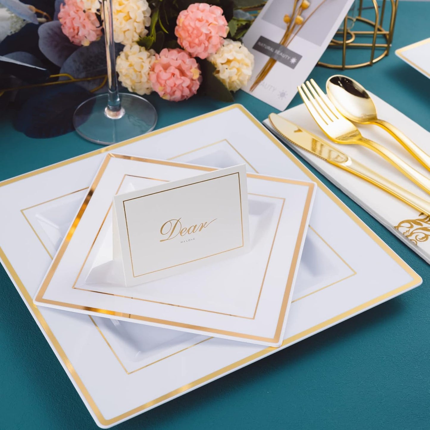 N9R 50 Guest Gold Dinnerware Set-100 White Square Plastic Plates with Gold Rim, 50 forks, 50 Spoons, 50 Knives, 50 Cups, 50 Napkins-Disposable Dinnerware Set for Wedding