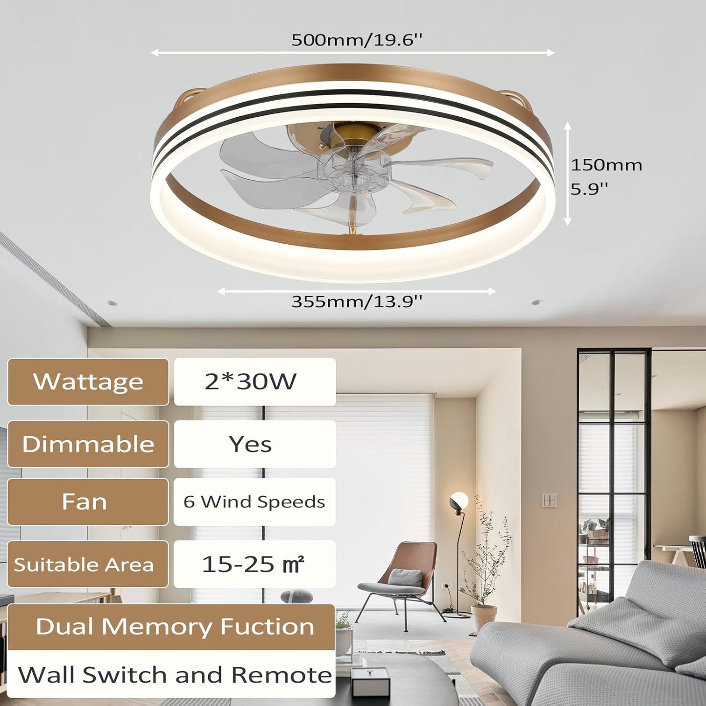 Ceiling Fans with Lights and Remote 20" Dimmable Fandelier LED Fan Light Modern Ceiling Fan, Low Profile Flush Mount Ceiling Fan Lights for Bedroom Kitchen and Living Room(Gold)