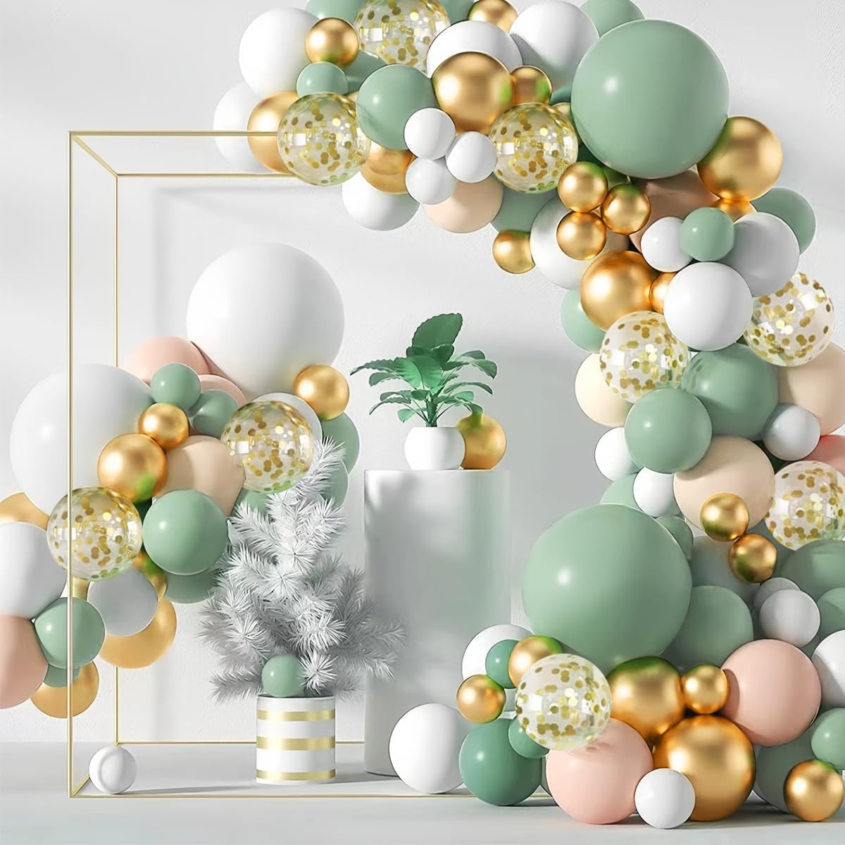 Pastel Green Pink White Gold Balloon Arch Kit, 147PCS Fog Green Light Pink White Sand Gold Metallic and Confetti Balloons Garland for Baby Shower Gender Reveal Wedding Party Decoration
