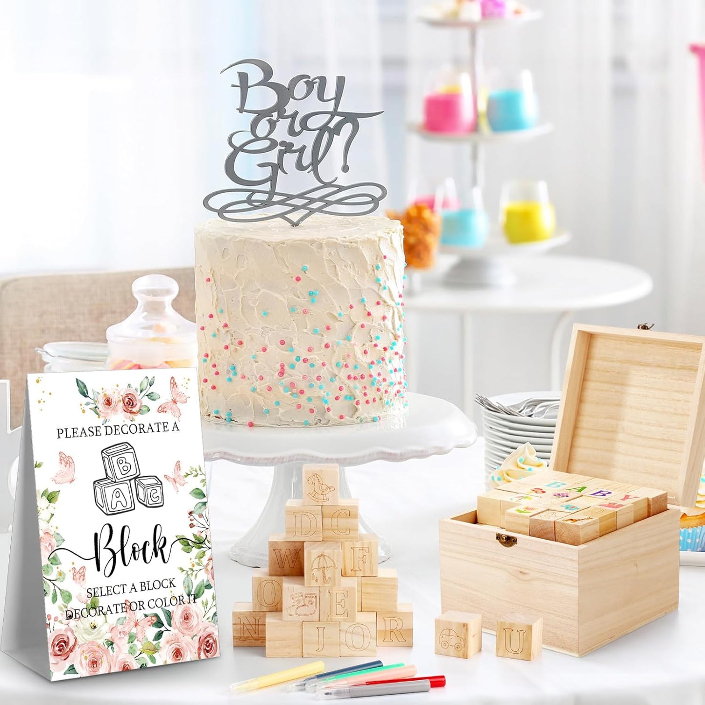 Marsui 136 Pcs Baby Shower Blocks to Decorate Game Kit Includes 98 Wooden Blocks, 36 Markers, 1 Game Sign, 1 Storage Box for Baby Shower Gender Reveal Activity Party Decorations(Flower)