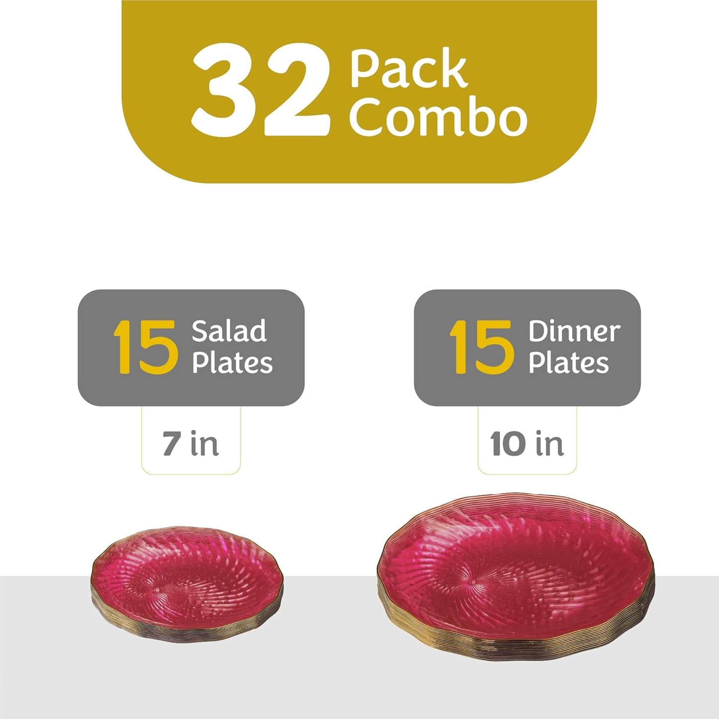 PLASTICPRO 60 Pack Plastic Plates Set of 30-10 inch Plates and 30-7 inch Plate, Elegant Clear Pink Spiral and Gold Rim Disposable Fancy Dishes Heavyweight