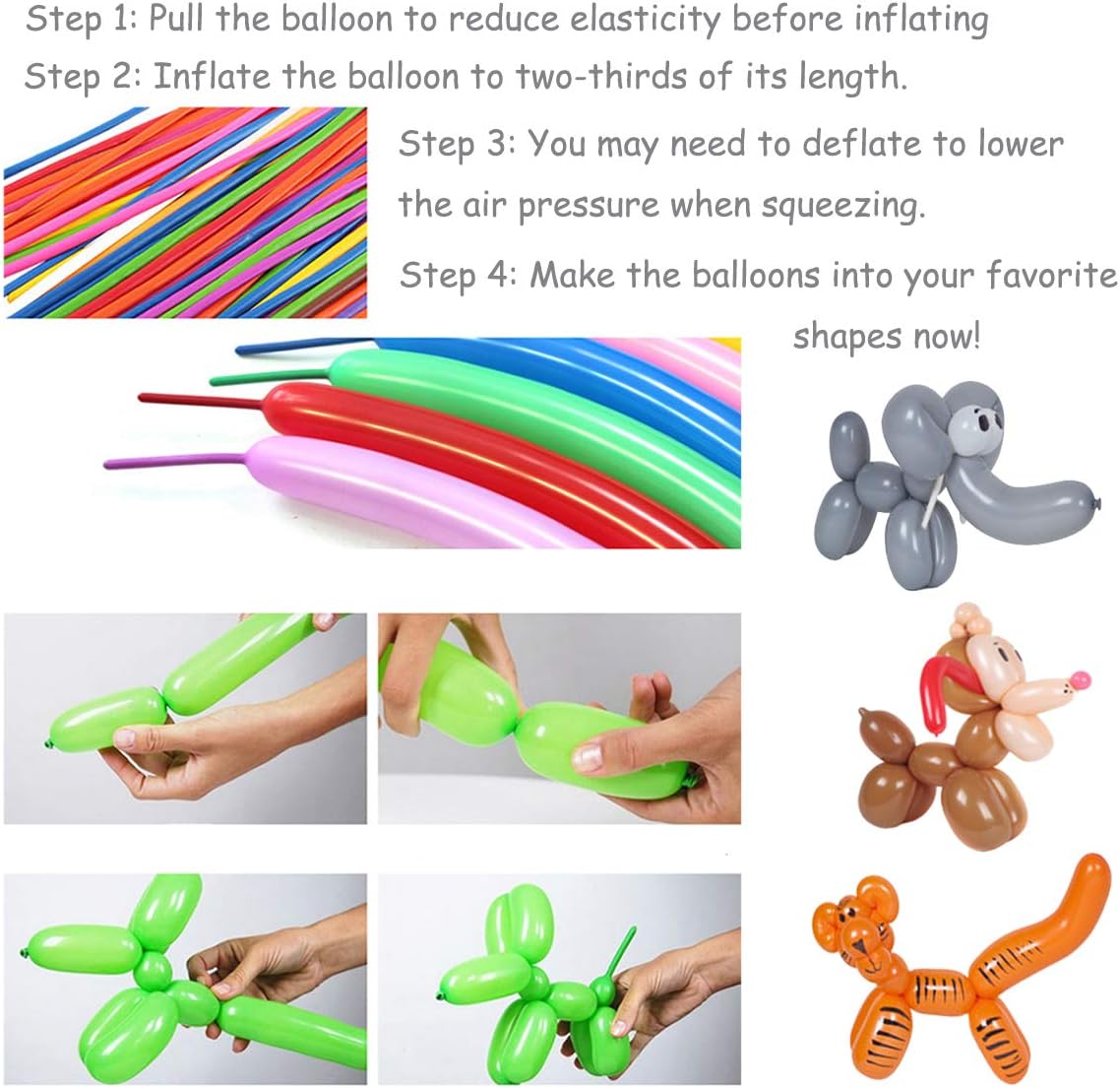 Latex Twisting Balloons, 260Q Animal Magic Long Balloons Assorted Color with Pump for Animal Shape Party, Clowns, Wedding Decoration Party Supplies (100 Pack)