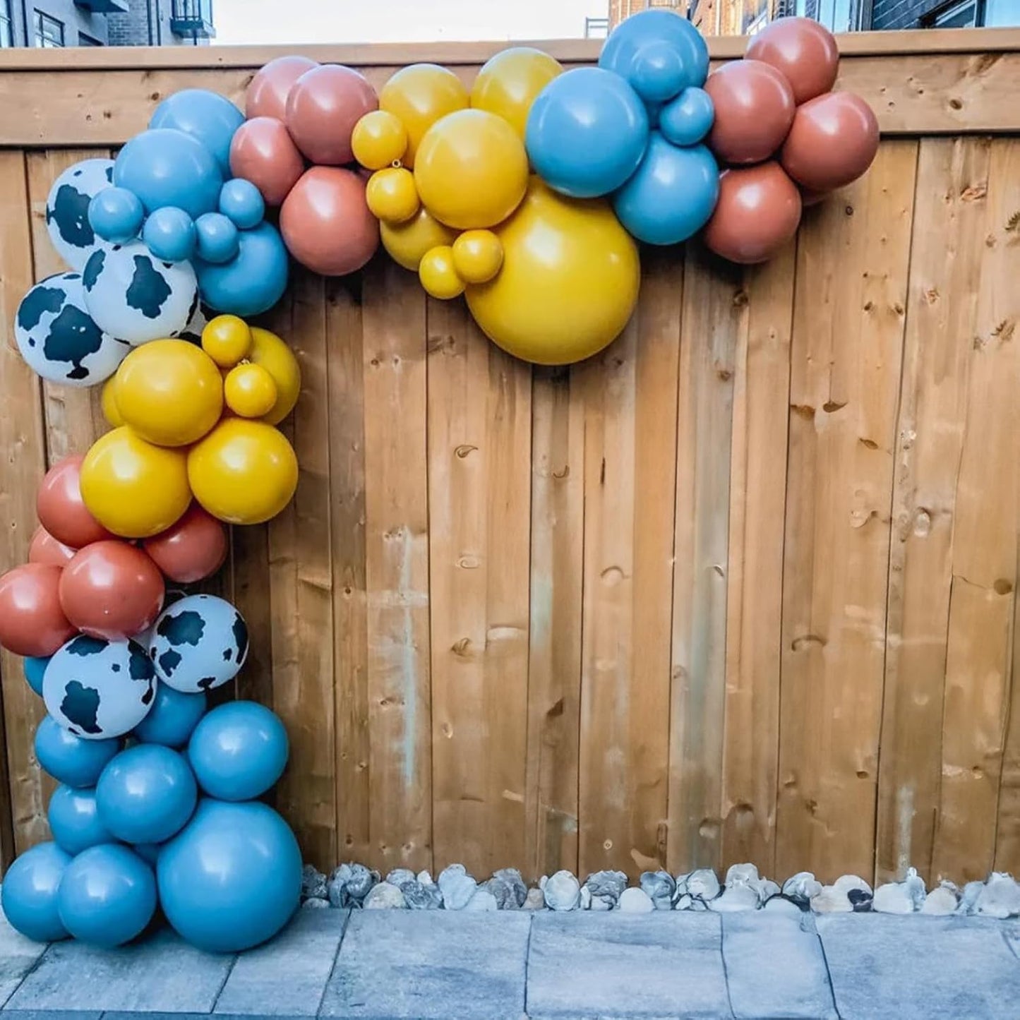 Toy Kids Balloons Arch Kit, Burnt Orange Blue Mustard Yellow Balloon Garland as It's A Story Boy Baby Shower Decorations, Cow Cloud Print Balloons Nude Balloon for First Birthday Party Supplies