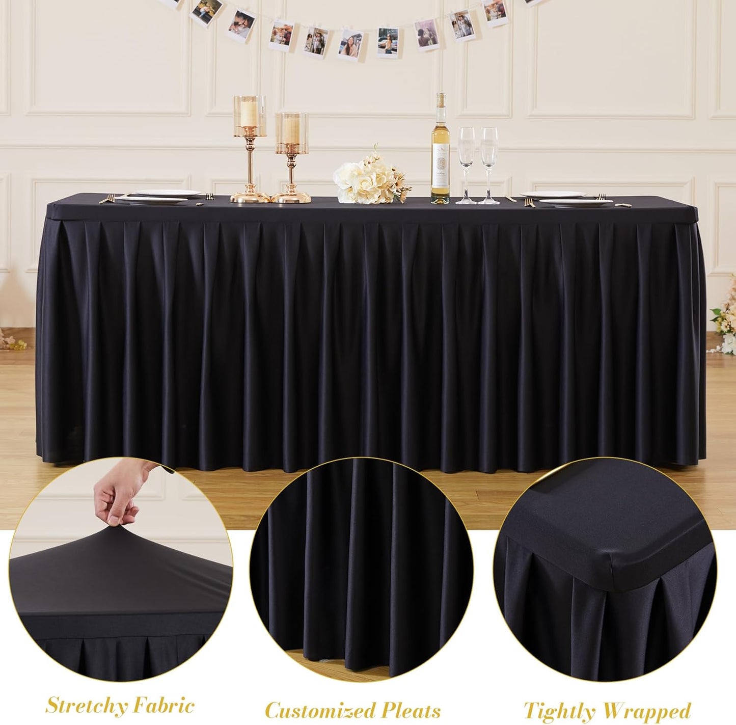 8 Pack Black Rectangle Tablecloth 6 FT Stretch Spandex Fitted Table Cloth for 6 Foot Rectangle Tables Banquet Tablecloths Wrinkle Free Table Cover Stitch Ruffle Table Skirt for Party Wedding Birthday