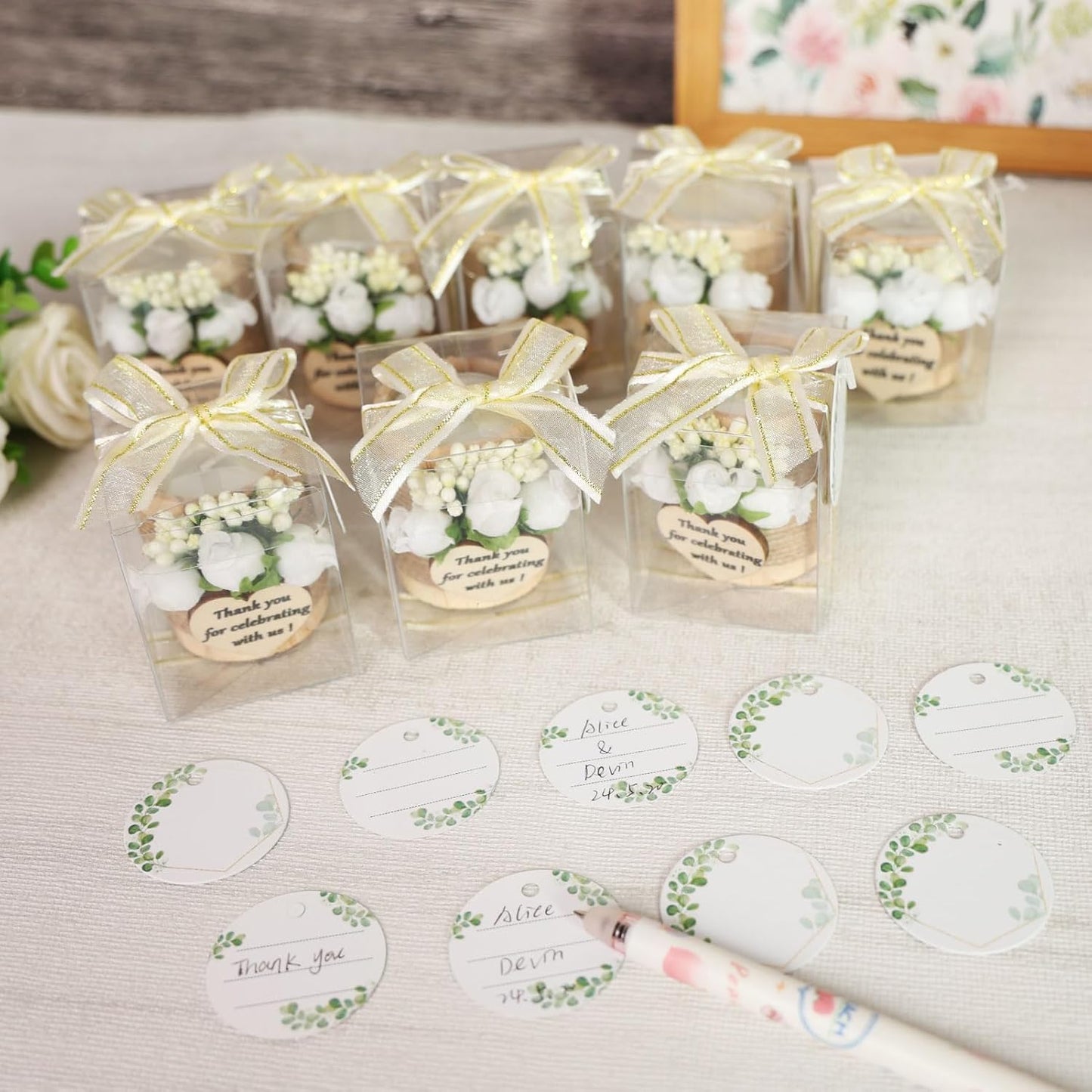 24 pcs Handmade White Rose Wood Tealight Candle Holder,Bridal Shower Tealight Holder Thank You Gifts, Wedding Favors for Guests, Wooden Cylinder Candle Holders for Table Centerpiece