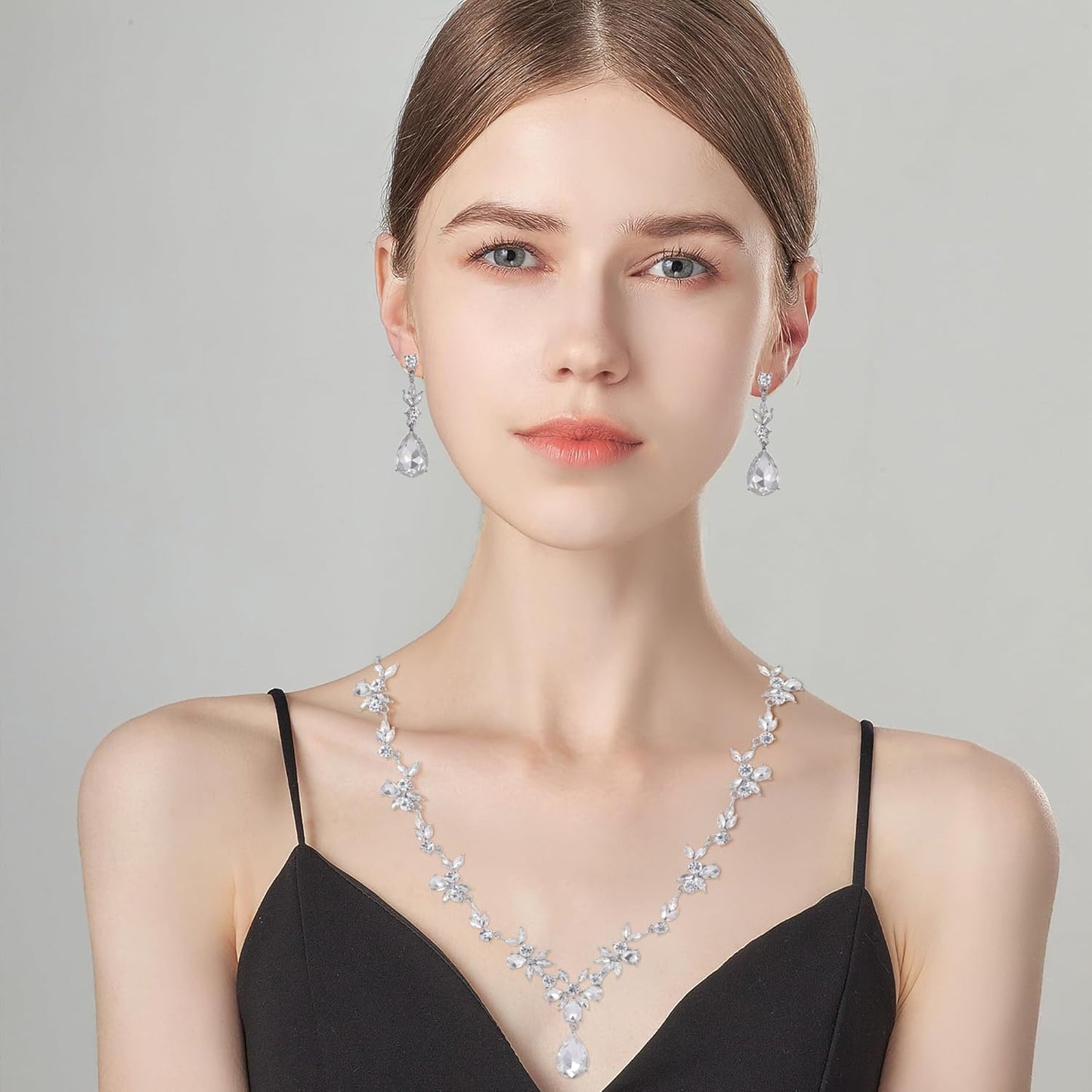 Kamirola Bridal Jewelry Set, Jewelry Set for Women, Necklace Dangle Earrings Bracelet Set, White Gold Plated (TR76)