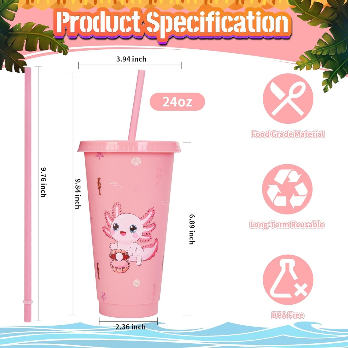 30 Pcs Pink Axolotl Party Favor Cute Axolotl Party Cups with Lid Straw 24 oz Plastic Drink Cups Reusable Bulk Axolotl Tumblers for Reptile Animals Theme Birthday Supplies Gifts