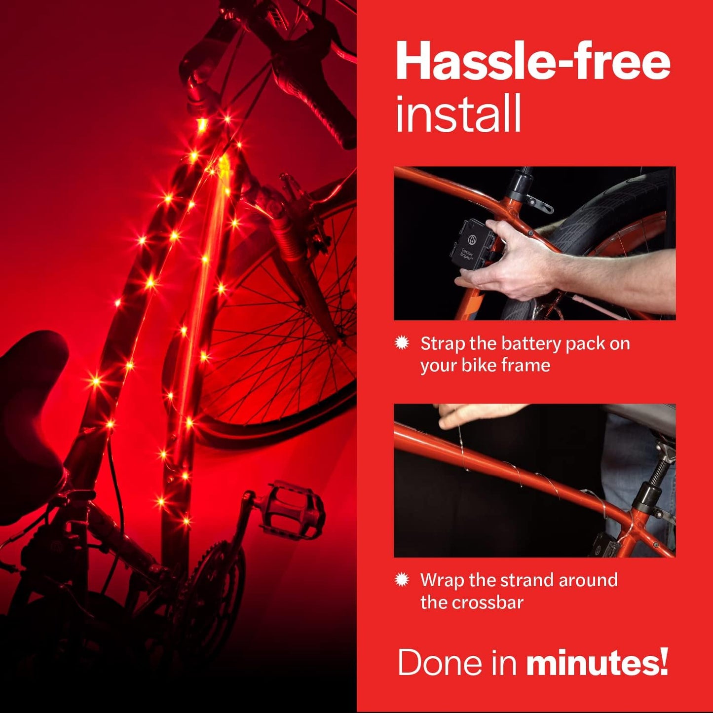 Brightz CosmicBrightz LED Bike Frame Rope Light - 6.5-Foot String Rope - Battery-Powered with On/Off Switch - Ultra Bright Color Keeps Your Ride Fun and Safe for Kids, Teens, & Adults