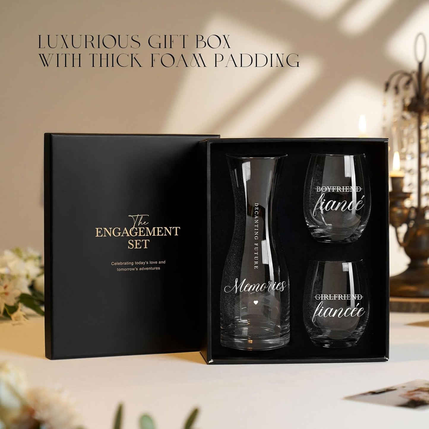 AW BRIDAL Engagement Gifts for Couples 2025 Wine Glasses Set, Fiance Gifts for Women and Newly Wed, Wedding Gift for Bride and Groom, Wine Decanter Set for Engagement Party and Proposal Decorations