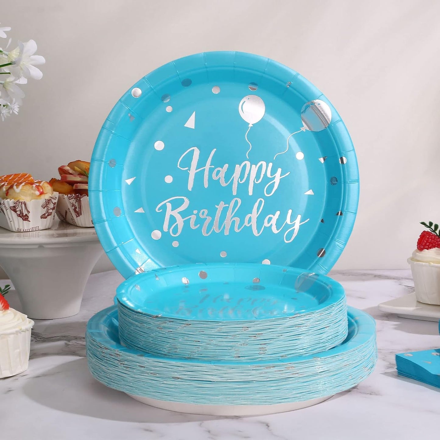 Light Blue Birthday Decorations - Light Blue Birthday Plates and Napkins Party Supplies Sever 25 Guest - Light Blue and Silver Paper Plates for Happy Birthday Party Decorations