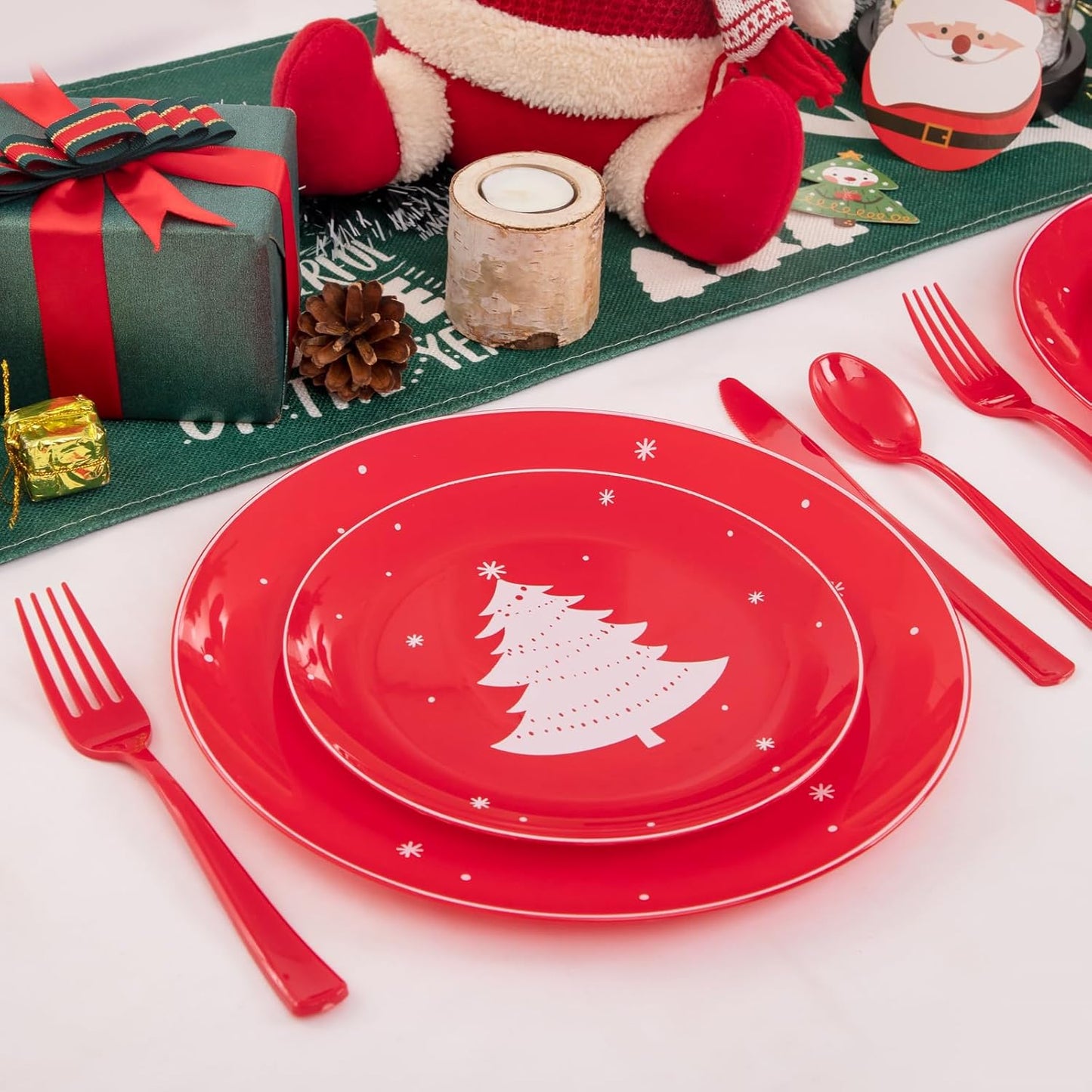 WDF 50 Pieces Plastic Christmas Plates - Red and White Plastic Plates with Christmas Tree include 25 Dinner Plates, 25 Salad Plates - Red White Party Plastic Plates for Christmas, Winter