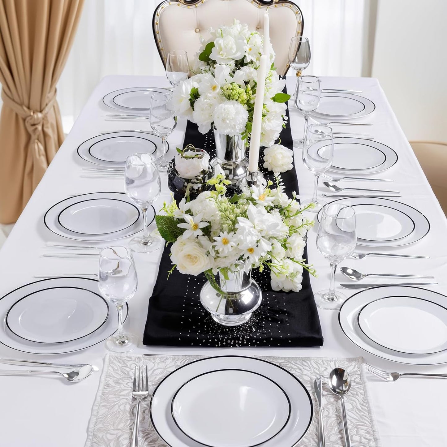 LIYH 120 Pcs White Plastic Plates with Black Rim - Halloween Plates Disposable Plate Dishes for Party Wedding Includes 60 Dinner 10.25" & 60 Dessert Plate 7.5" for Party Birthdays Halloween 60 Guests