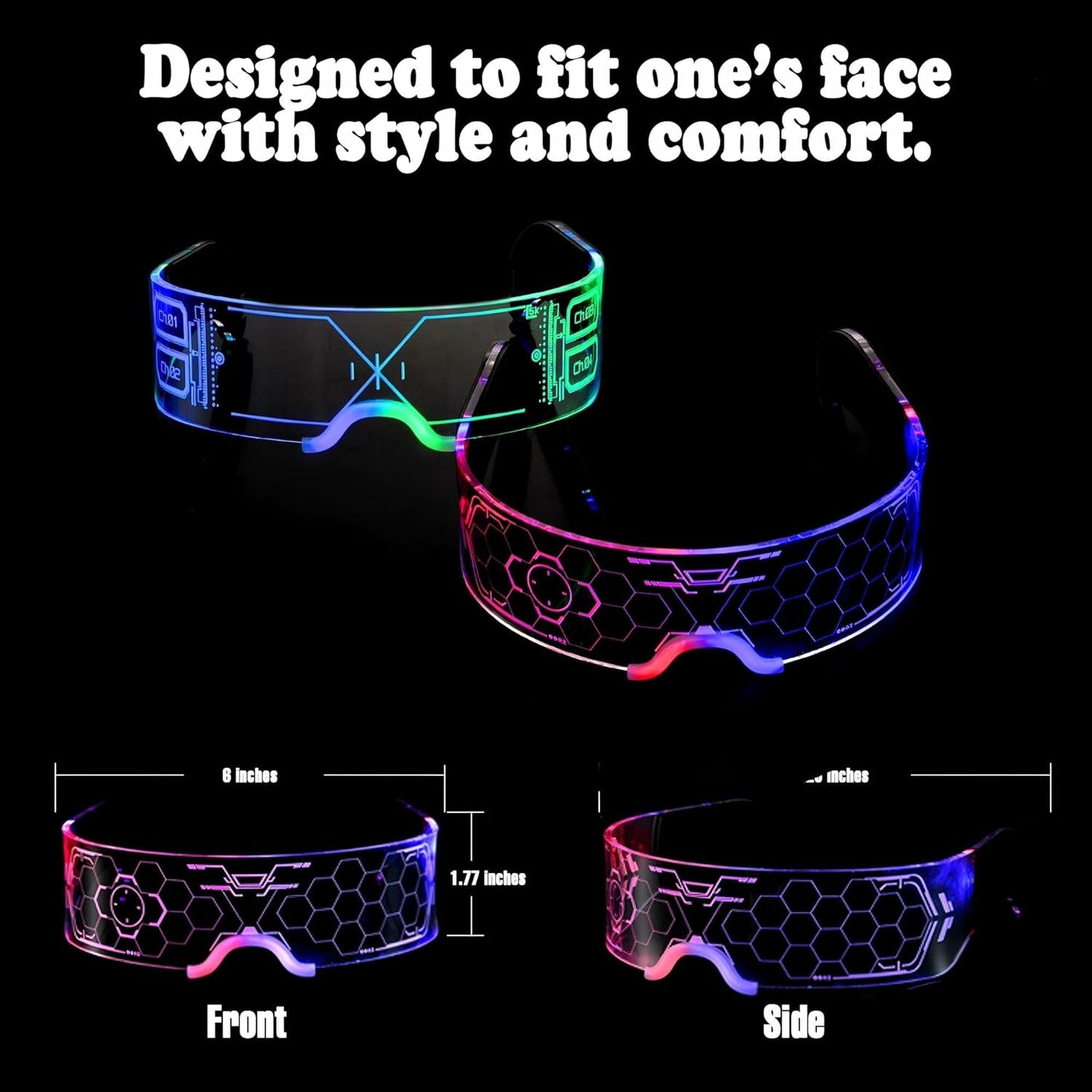 2 Pairs Light Up Glasses For Party LED Glasses For Adults Kids Futuristic Sunglasses Cosplay Costume Glow In Dark Accessories (Concise style)