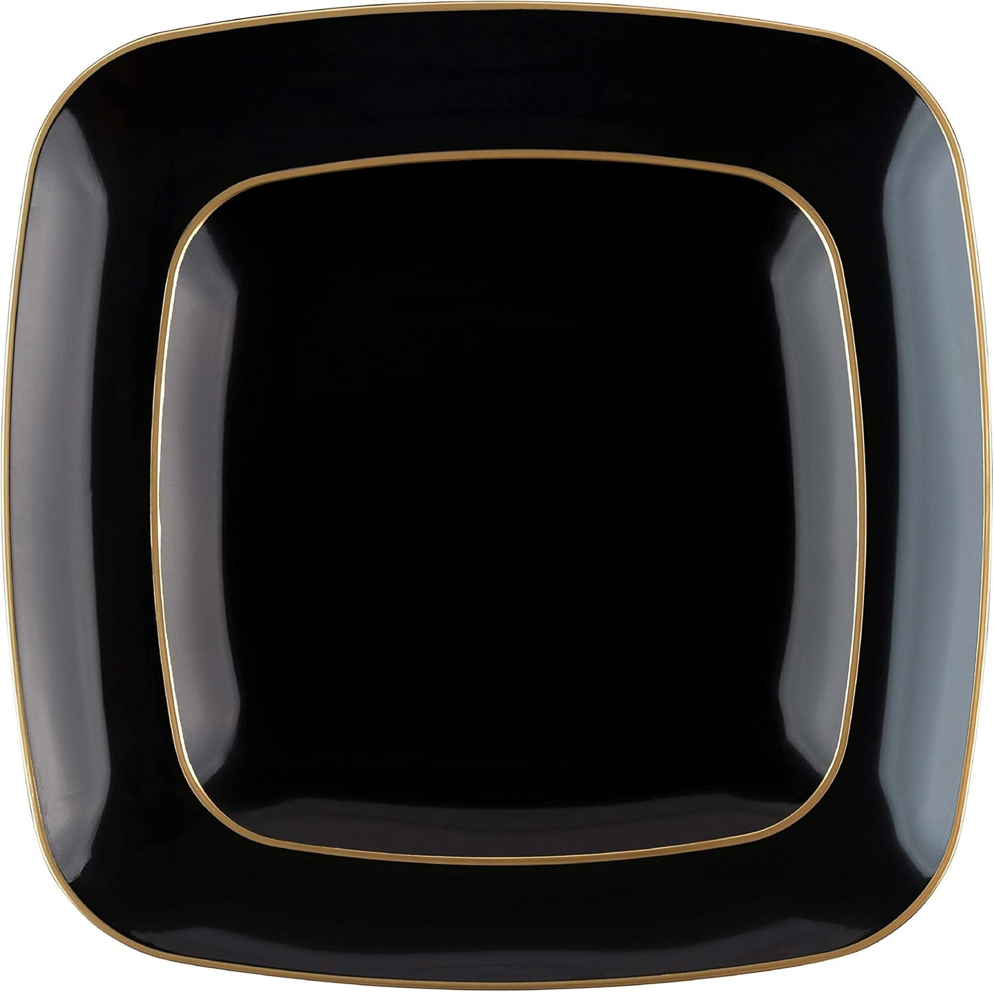 PLASTICPRO Square 32 Piece Combo Plates Set includes 16 x 7'' inch Salad Plates & 16 x 10'' inch Dinner Plates Black Plastic with Gold Rim Design Party Plates, Premium heavyweight Elegant,