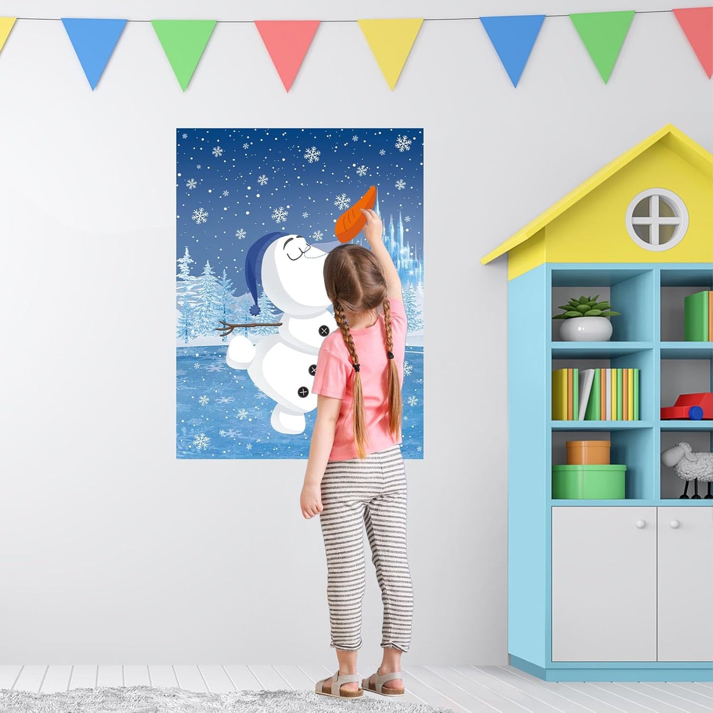 Pin The Nose on The Snowman Party Game with 24 PCS Nose Stickers and Two Eye Mask for Kids Christmas Game 21'' x 28'' (Snowman)