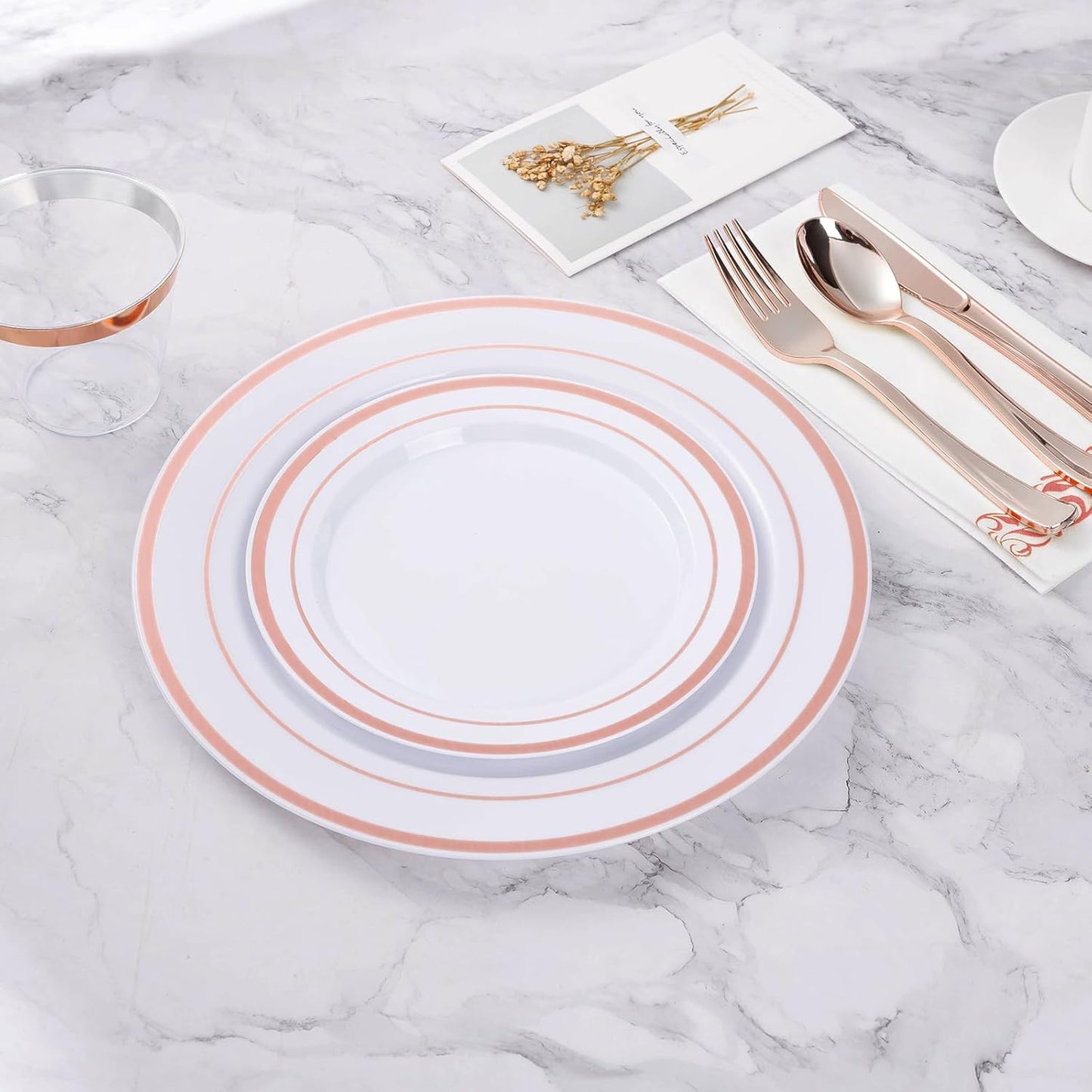 BESTVIP 100PCS Rose Gold Plastic Plate, Disposable Party Plates with 50 Dinner and 50 Dessert Plates, Plastic Plate for Party, Wedding and Birthday