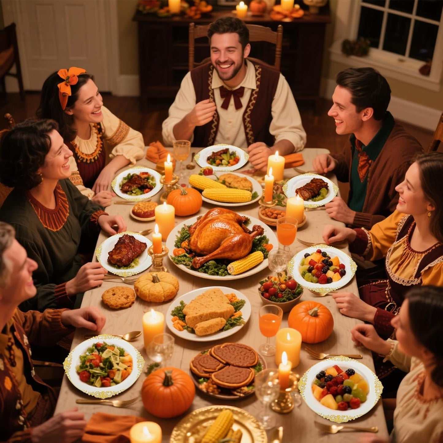 125PCS White and Gold Plastic Plates - Gold Disposable Plates with Plastic Silverware - Vintage Disposable Dinnerware Set for 25 Guests for Christmas Parties, Thanksgiving